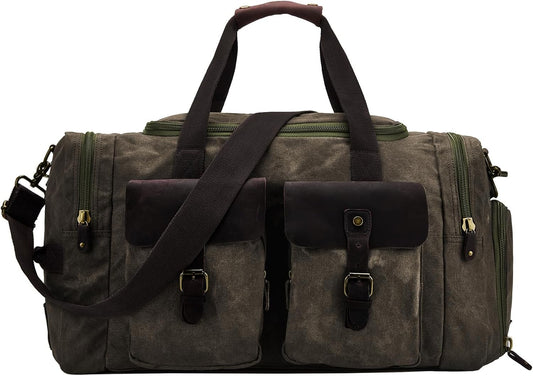 Waxed Canvas Vintage Overnight Duffel Weekend Travel Bag Waterproof For Men Women with Shoes Compartment(olive green)