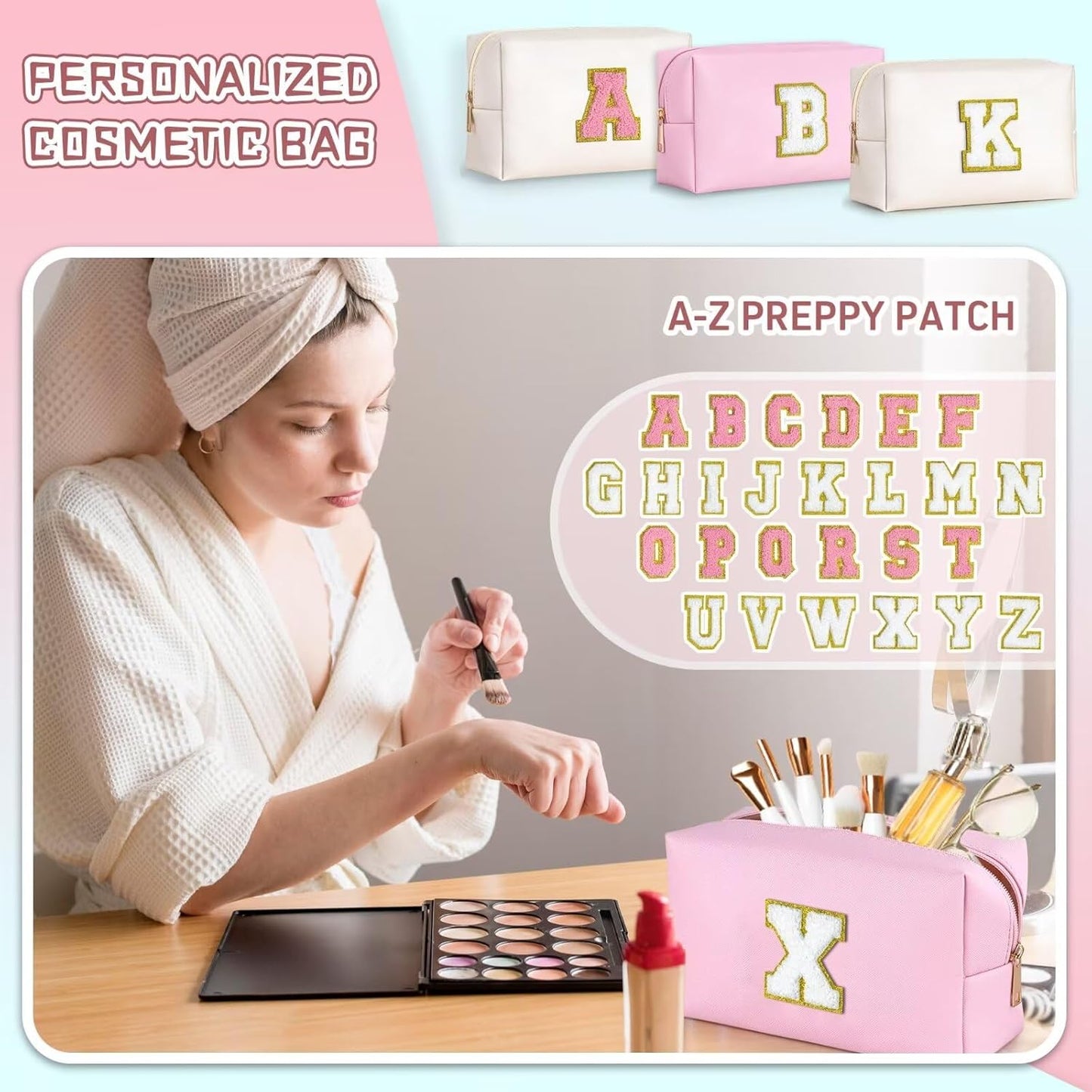 TOPEAST Initial Makeup Bag, Personalized Travel Small Cosmetic Bag Cute PU Pink Chenille Letter Makeup Pouch, Purse Waterproof Zippered Toiletry Organizer for Women Girls Kids Friends (Pink M)