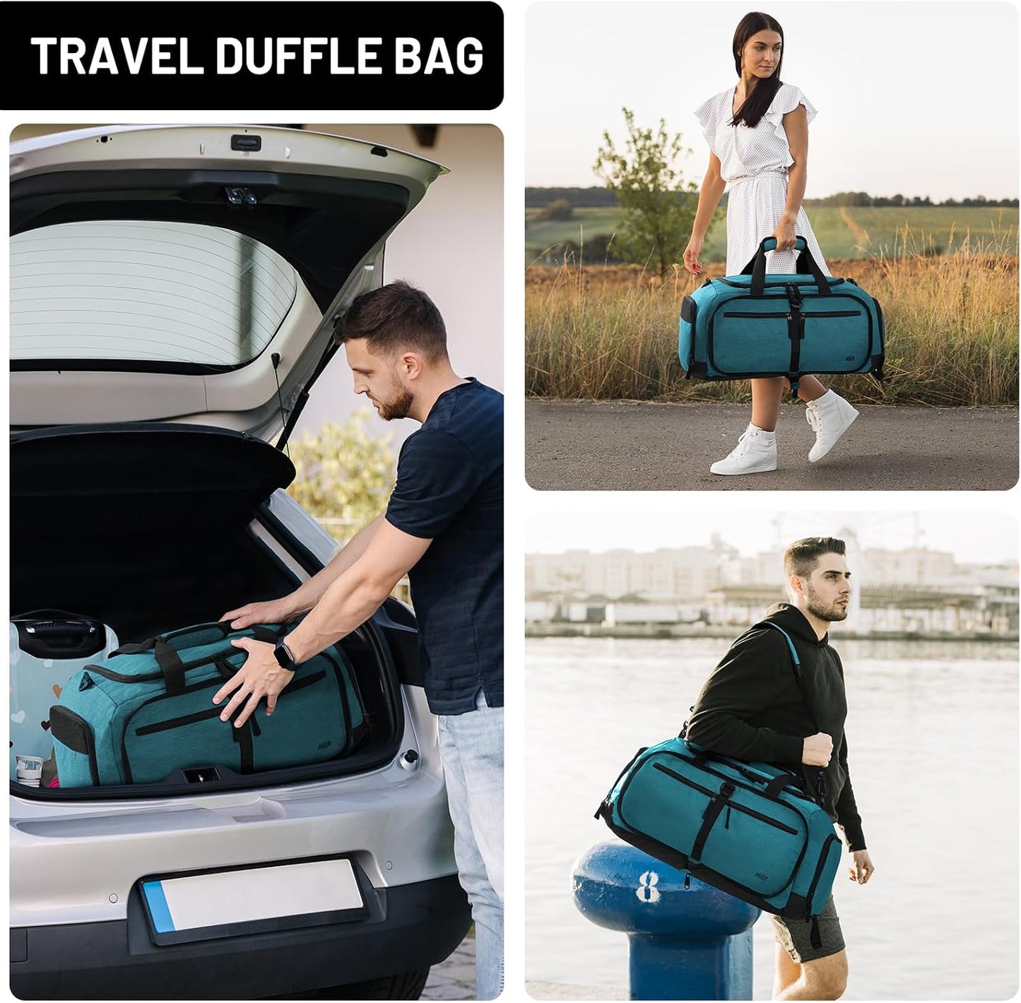 MIER Foldable Duffle Bag with Shoe Compartment 50L Travel Duffel Bags for Men Women Packable Overnight Bag for Camping Gym Weekender, Teal