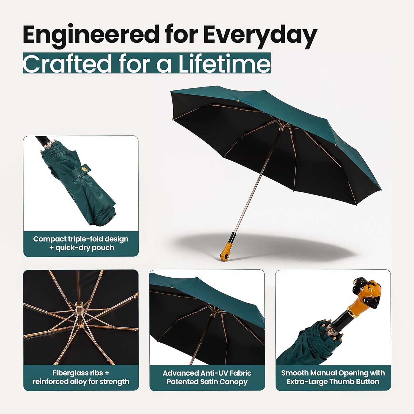 Handpainted Artisan Foldable Umbrella – Animal Lovers – Traditional Enamel Figurine – Fashion Umbrella – Unique Gift Idea – Compact & Windproof – Advanced UV Protection