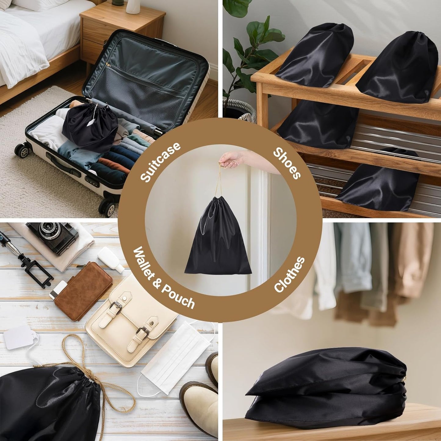 Ewen 11.8x15.7in Black Dust Bags for Shoes, 7 Pack of Dustproof Silk Bags with Drawstring for Storage, Vintage Pouches Covers for Travel, Satin Purse Storage Bags, Clothes Storage Bag for Home