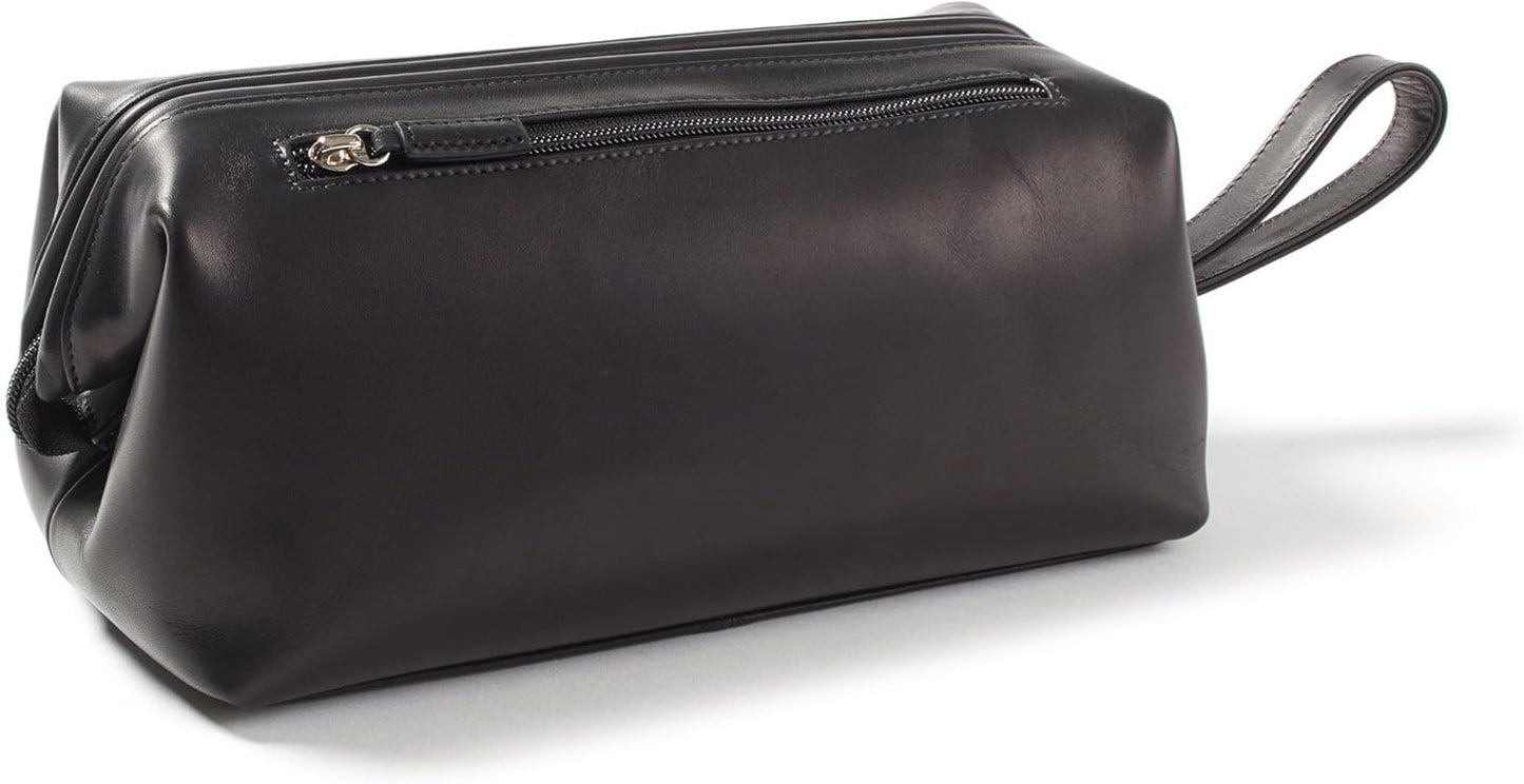 Leatherology Premium Black Oil Framed Toiletry Bag - Wide-mouth zippered opening, interior and exterior zippered compartments, compact and functional