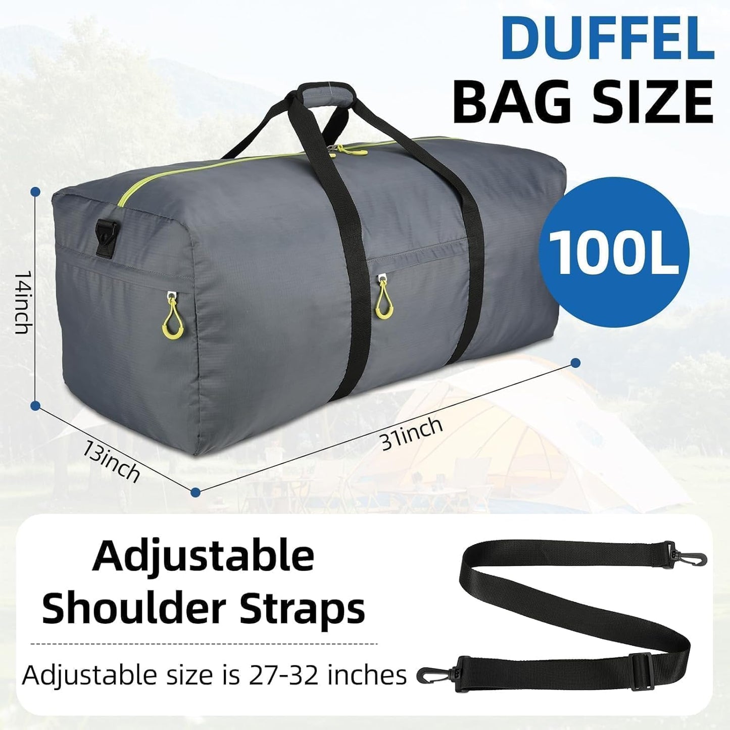 100L Extra Large Duffle Bag Lightweight, Travel Duffel Bag Foldable for Men Women, Water-Resistant & Durable, Grey