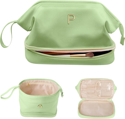 Maid Of Honor Gifts, Initial Large Makeup Bag, Bride To Be Gifts, Double Layer Cosmetic Bag, Waterproof PU Travel Toiletry Bag for Bachelorette Party Women Wedding Bridal, Bride Gifts