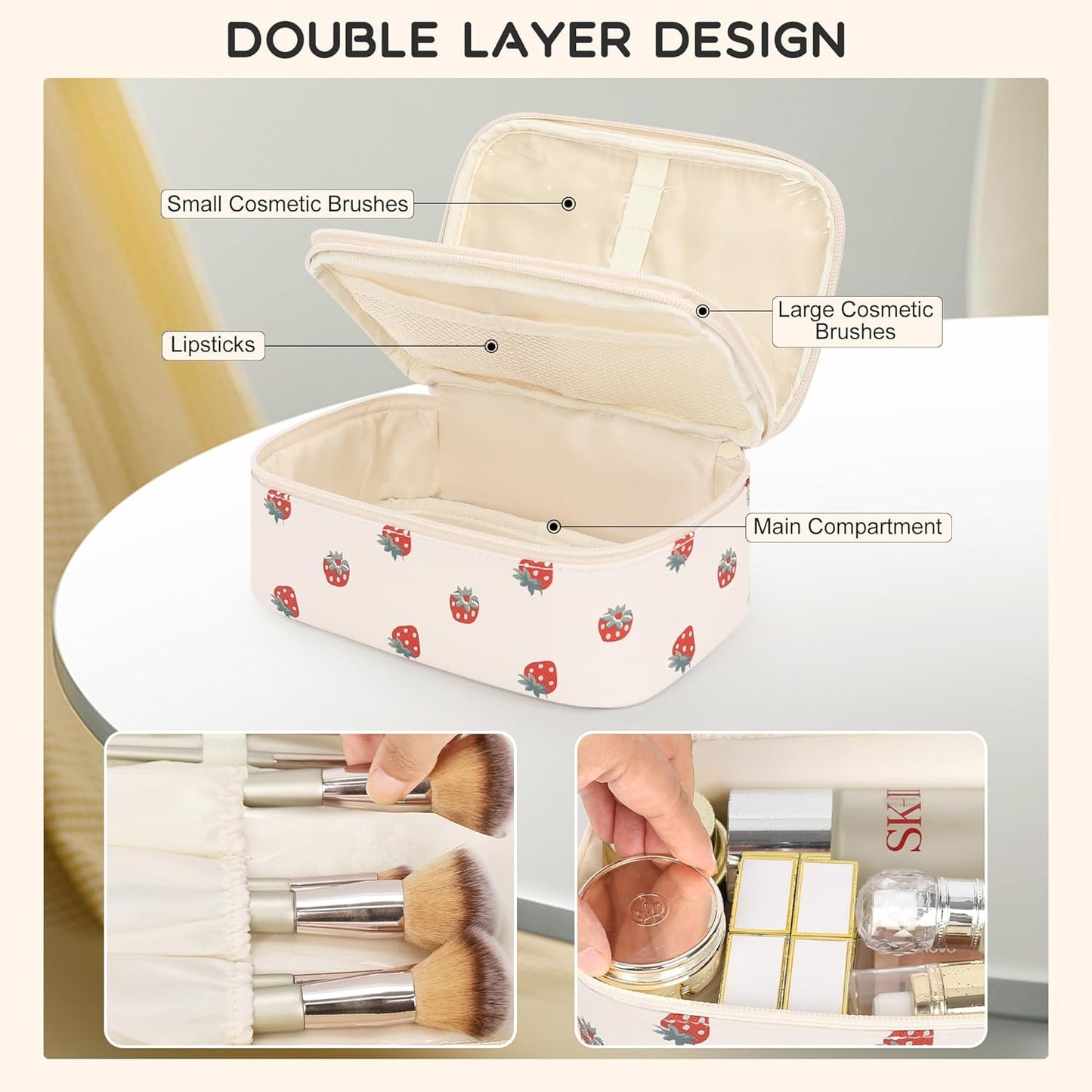 Relavel Makeup Bag, Small Makeup Bag for Women, Travel Cosmetic Bag, 2 Layers Waterproof Makeup Organizer Storage with Makeup Brush Holder, White Straberry