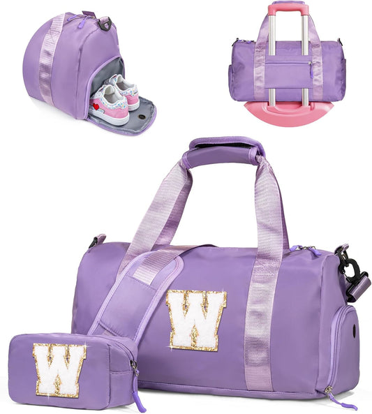 Gifts for 3+ Year Old Girls-Girl Gym Bag with Shoe Compartment, Kid Personalized Weekender Overnight Bags, Initial Travel Tote with Makeup Pouch, Gift Ideas for Niece Sister (Letter W)