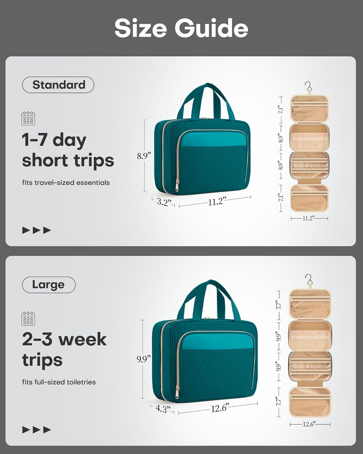 HOTOR Travel Toiletry Bag for Women & Men, Waterproof Makeup Bag with Hanging Hook and Multiple Pockets, Cosmetic Bags for Women, Travel Essentials, 11.2'' x 3.2'' x 8.9'', Teal