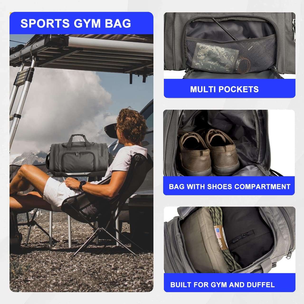 Gym Bag Duffle Bags for Men Women with Shoes Compartment Sport Weekend Travel Overnight Carry On Bag for Tactical Military Travel Work Out Bags (Grey)