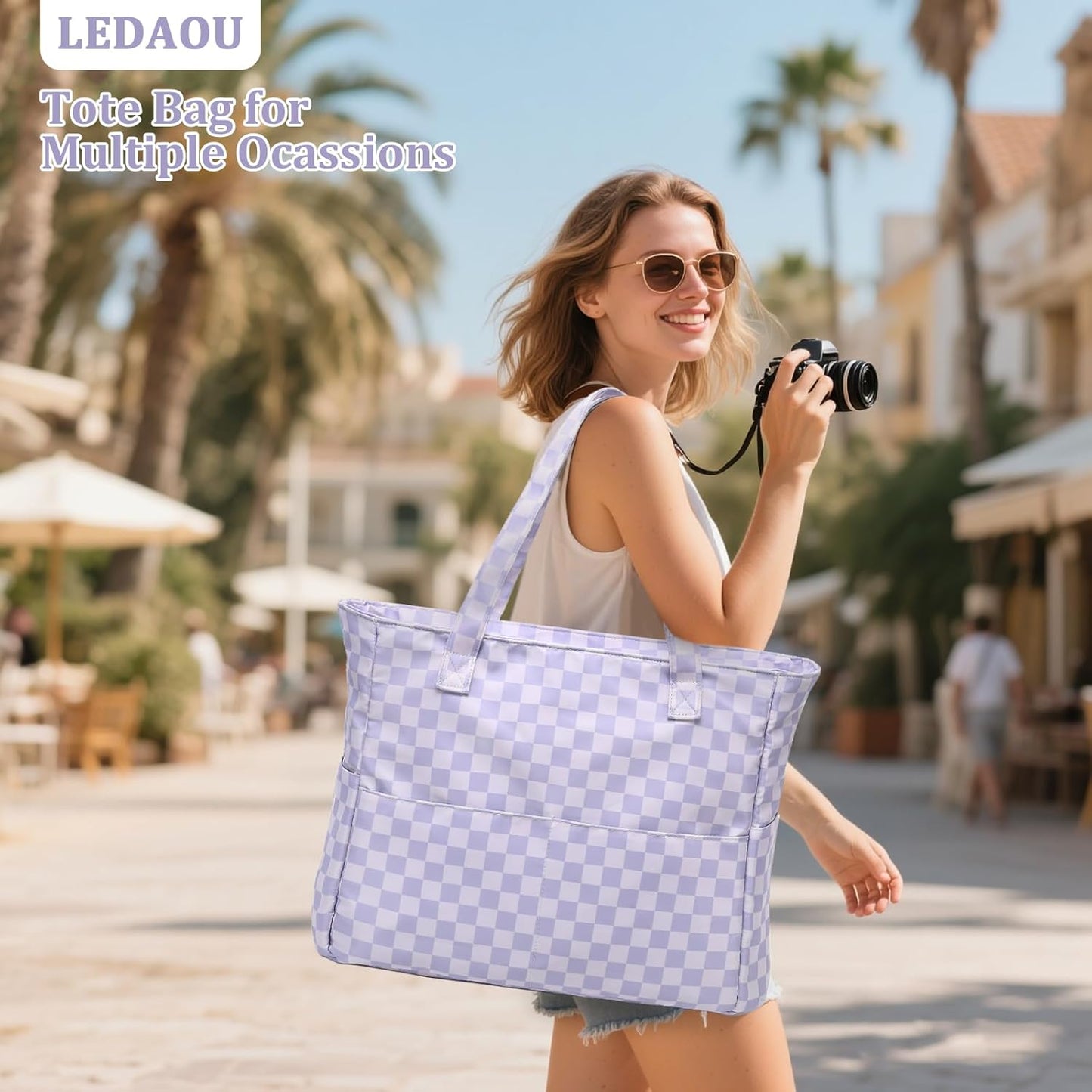 LEDAOU Large Beach Tote Bag Women Waterproof Sandproof Zipper Beach Tote Bag for Pool Gym Grocery Travel with Wet Pocket