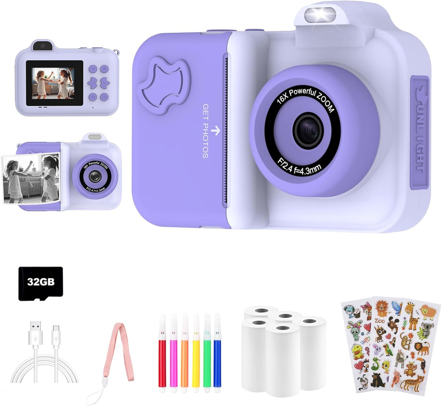 Kids Camera Instant Print, Christmas Birthday Gifts Toys for Girls Boys Age 4 5 6 7 8 9 10 11 12 Years Old,1080P HD Dual-Lens Selfie Digital Camera with 5 Rolls Print Paper Stickers Pens & 32G Card