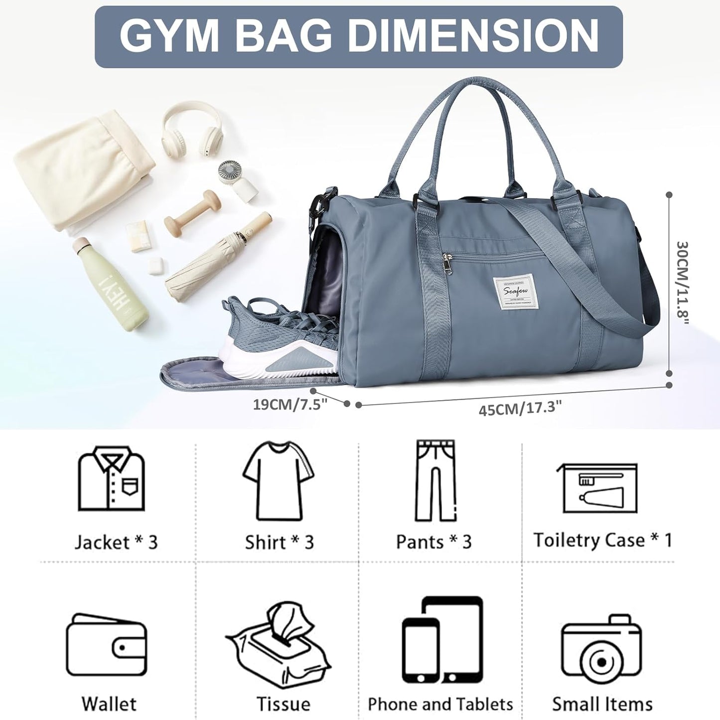 Gym Bag for Women Men with Shoes Compartment,Sports Duffle Bag Personal item travel Duffel Bags Tote Bag Small Carry on Weekender Overnight Bag Workout Dance Bag Hospital Holdalls Grey Blue