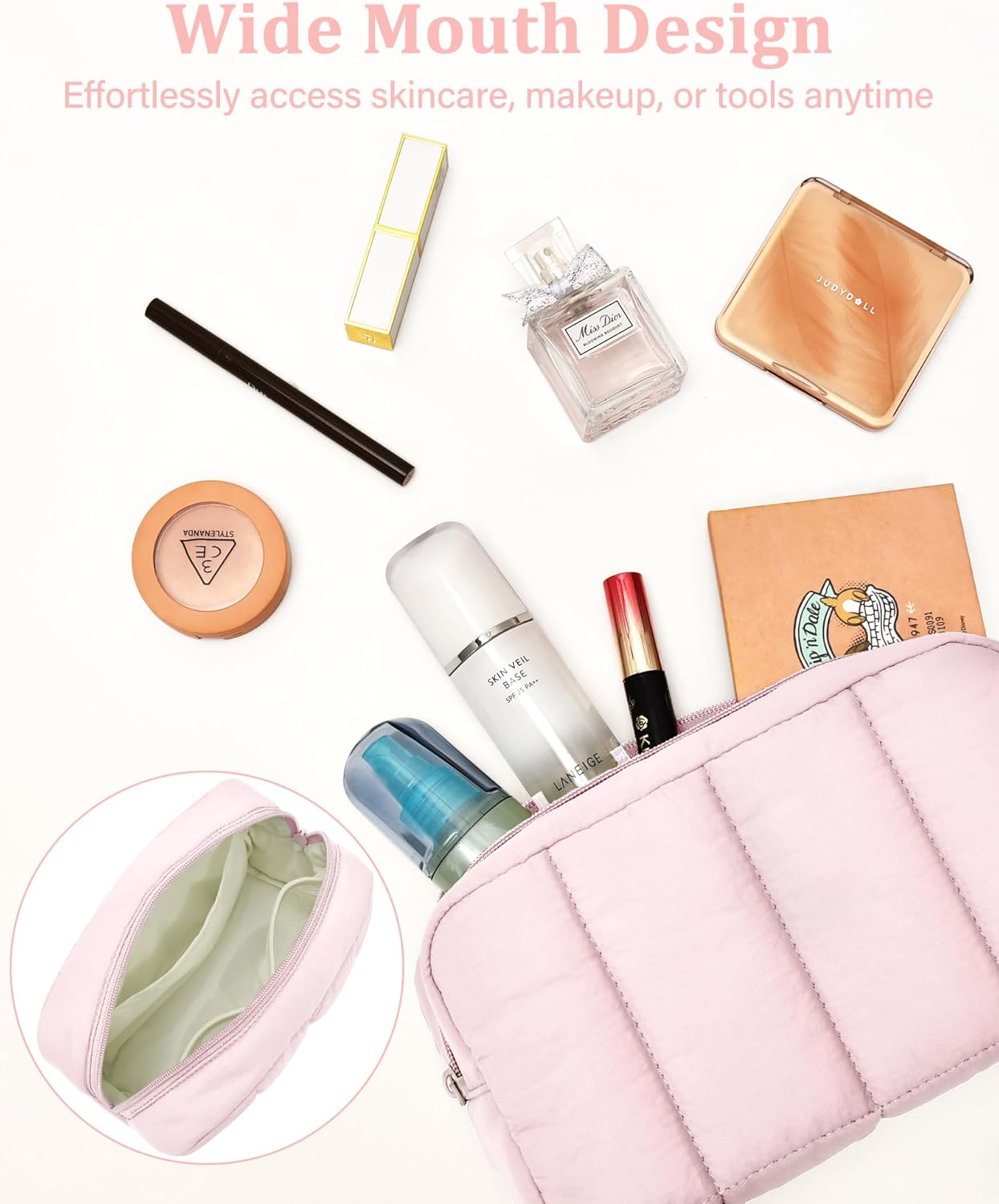 oscaurt 2 Pcs Makeup Bag Travel Toiletry Bag for Women Puffy Padded Cosmetic Pouch Purse Wide-open Makeup Organizer Case Travel Essentials