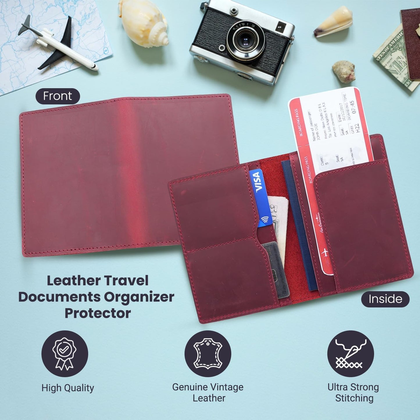 Leather Passport Holder with Travel Wallet, Genuine Leather Passport Cover- Passport Wallet, Leather Folding Wallet for Passports (Straight Cut, Red)