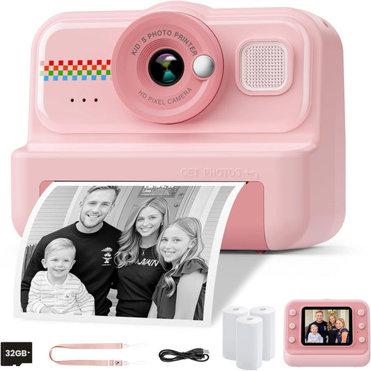 Kids Instant Print Camera, 1080P HD with 3 Rolls Print Paper & 32GB Card, Selfie Digital Camera for Kids, Ideal Gift for Boys & Girls Age 3-14 (Pink)