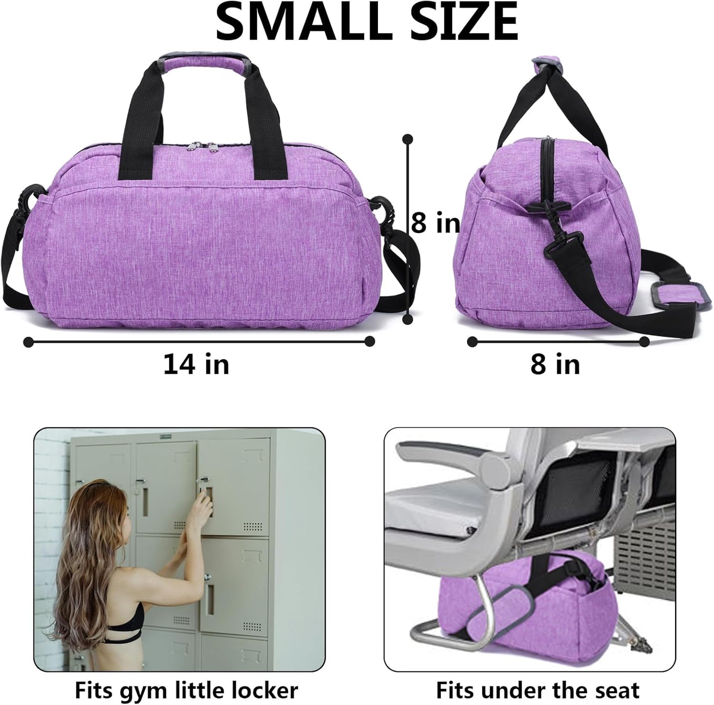 14 inch Small Gym Bag for Women & Men, Mini Duffel Bag for Travel Sports Lightweight Carry On Bag, Light Purple