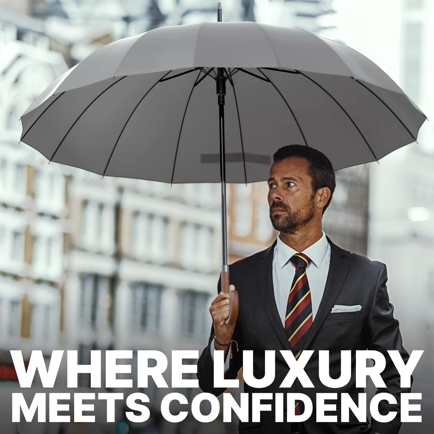 Royal Walk Windproof Large Umbrella for Rain 54 Inch Automatic Open for 2 Persons Wind Resistant Big Golf Umbrellas for Adult Men Women Classic Wooden Handle Fast Drying Strong 16 Ribs Travel 120cm