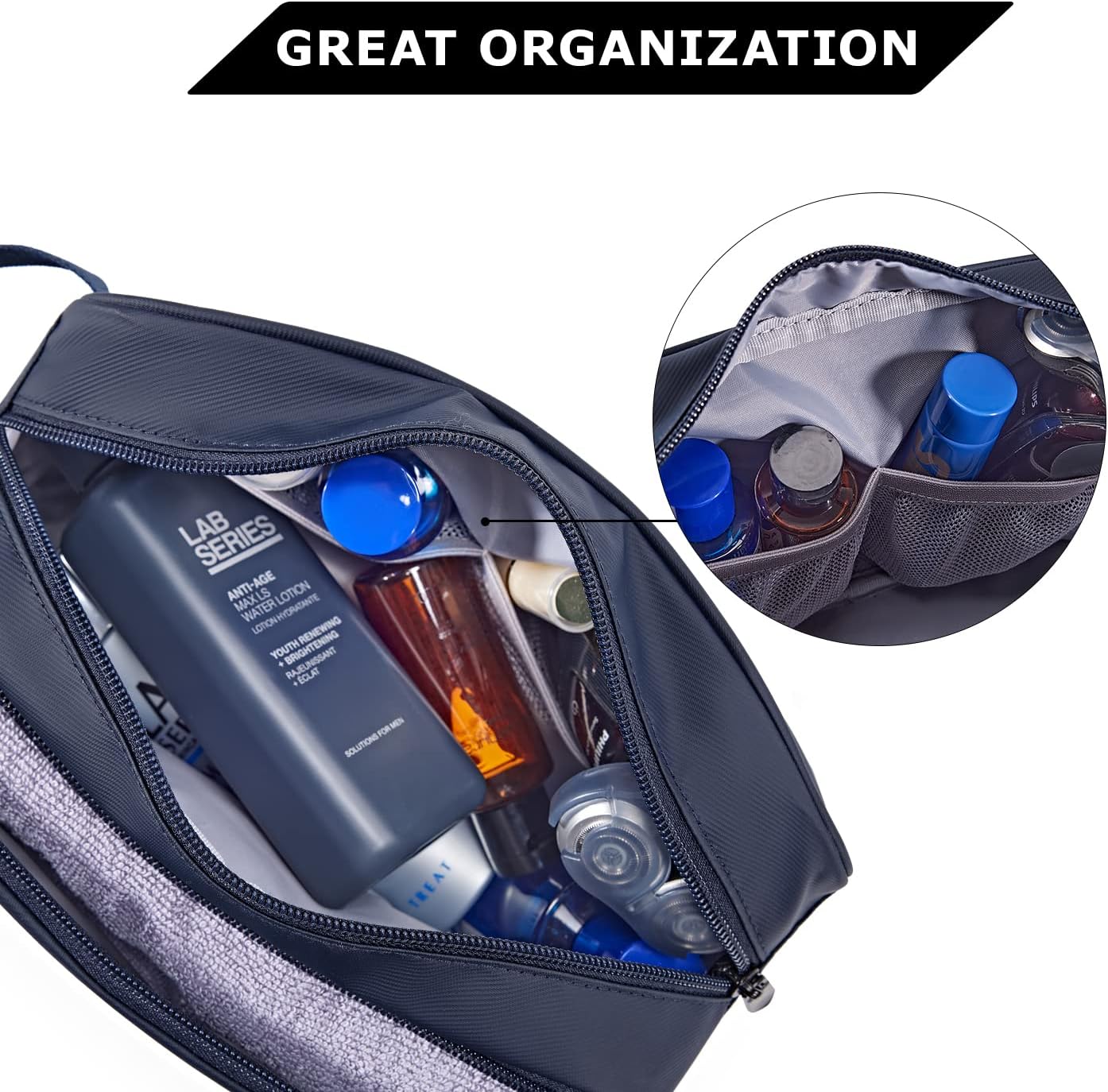 BAGSMART Toiletry Bag for Men, Travel Toiletry Organizer Dopp Kit Water-resistant Shaving Bag for Toiletries Accessories, Door Room Essentials,Navy Blue-basic