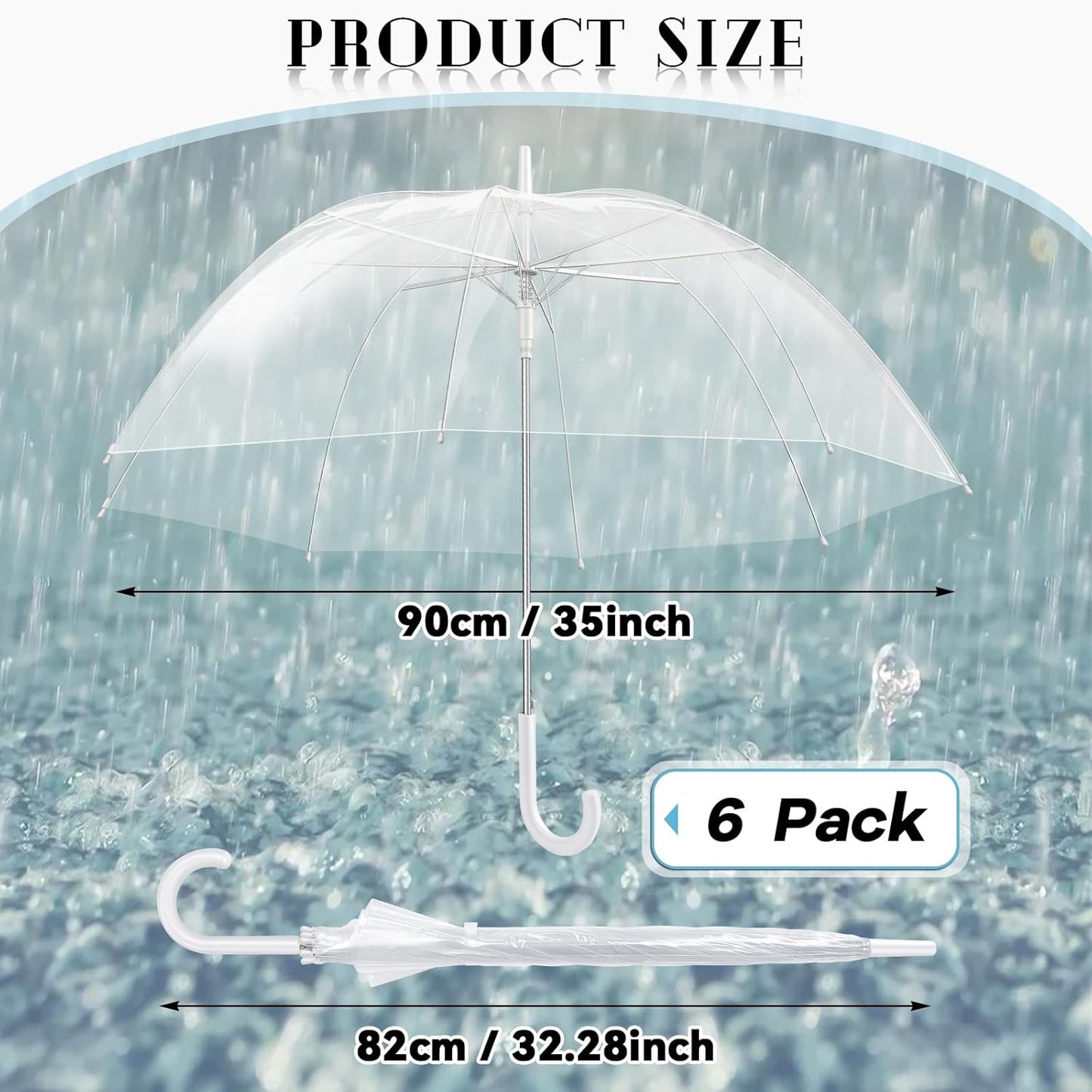 Fabbay 6 Pcs Umbrella Wedding Style Stick Umbrellas Large Windproof Bubble Rain Umbrellas with J Hook Handle for Bride Groom Gift(White Handle)