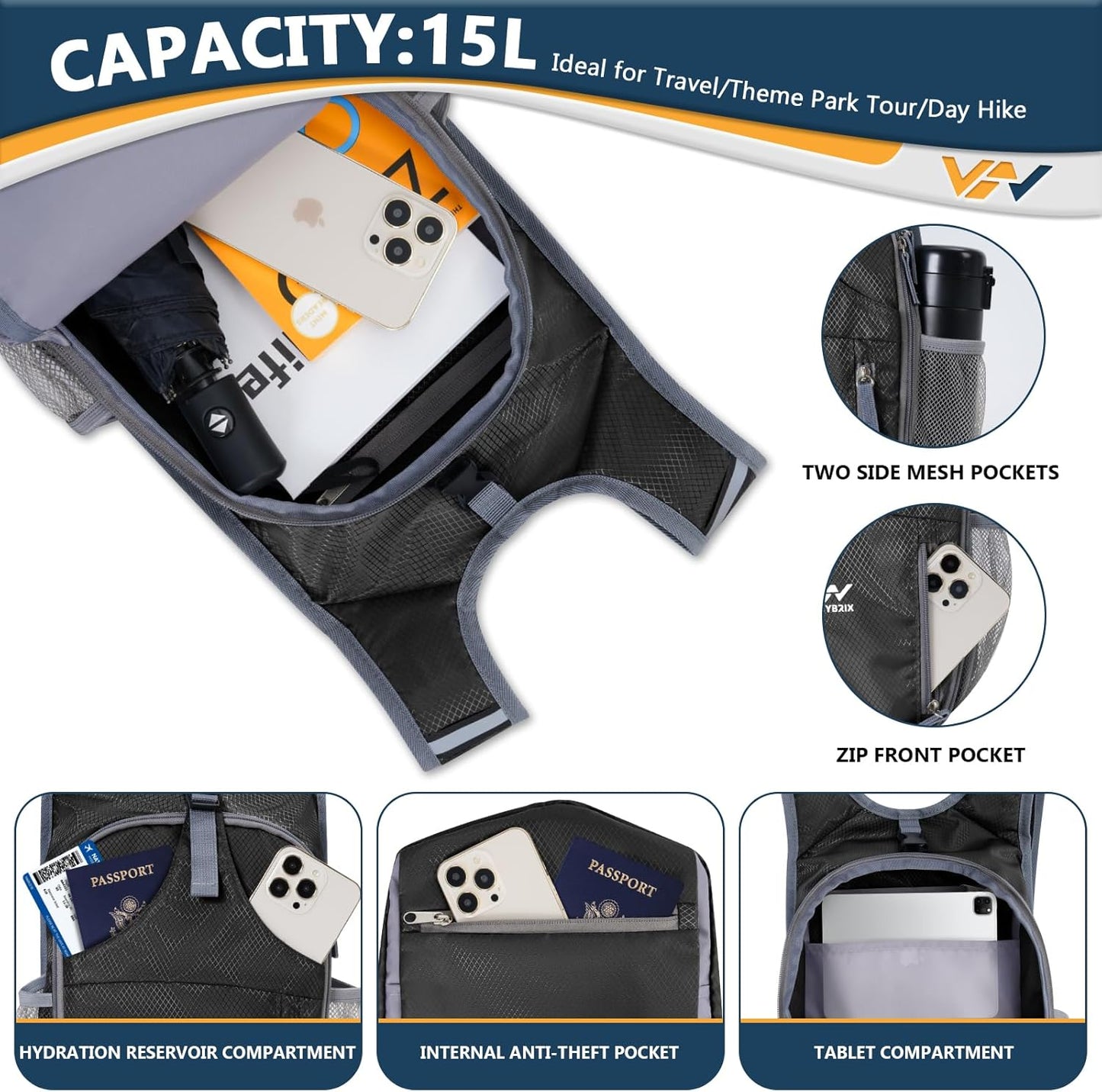 15L Foldable Hiking Backpack,Lightweight Packable Waterproof Machine Washable Daypack with Chest Strap,Small Folding Pack for Travel/Walking for Men&Women-0.52LB Black