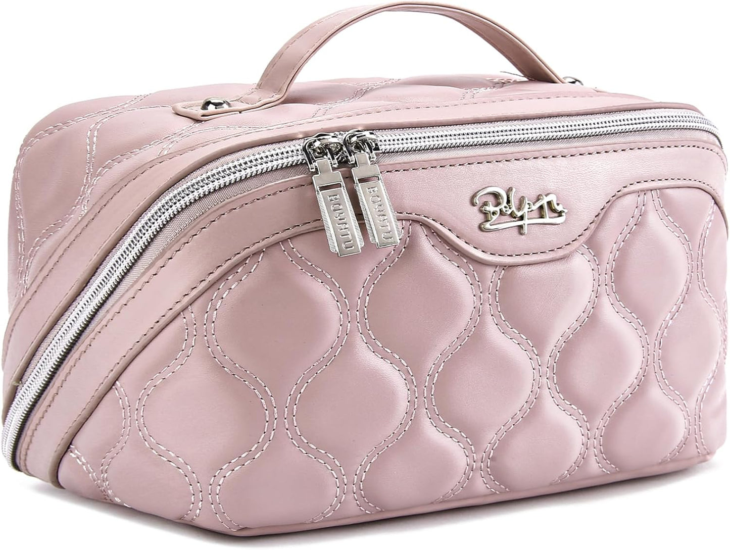 BOYATU Travel Makeup Bags for Women Cosmetic Bag: Puffy Make up Bags Set of 3 - Vegan Leather Makeup Organizer - Waterproof Large Toiletry Bag with Compartments - Travel Essentials (H-3-Pink)