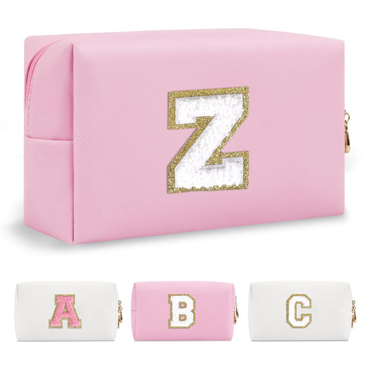 Personalized Initial A-Z Preppy Patch Makeup Bag,Small PU Chenille Letter Cosmetic Bag with Zipper for Teen Girls,Pink Cute Toiletry Organizer Bag,Monogram Makeup Case Gift for Women Girls,Letter Z