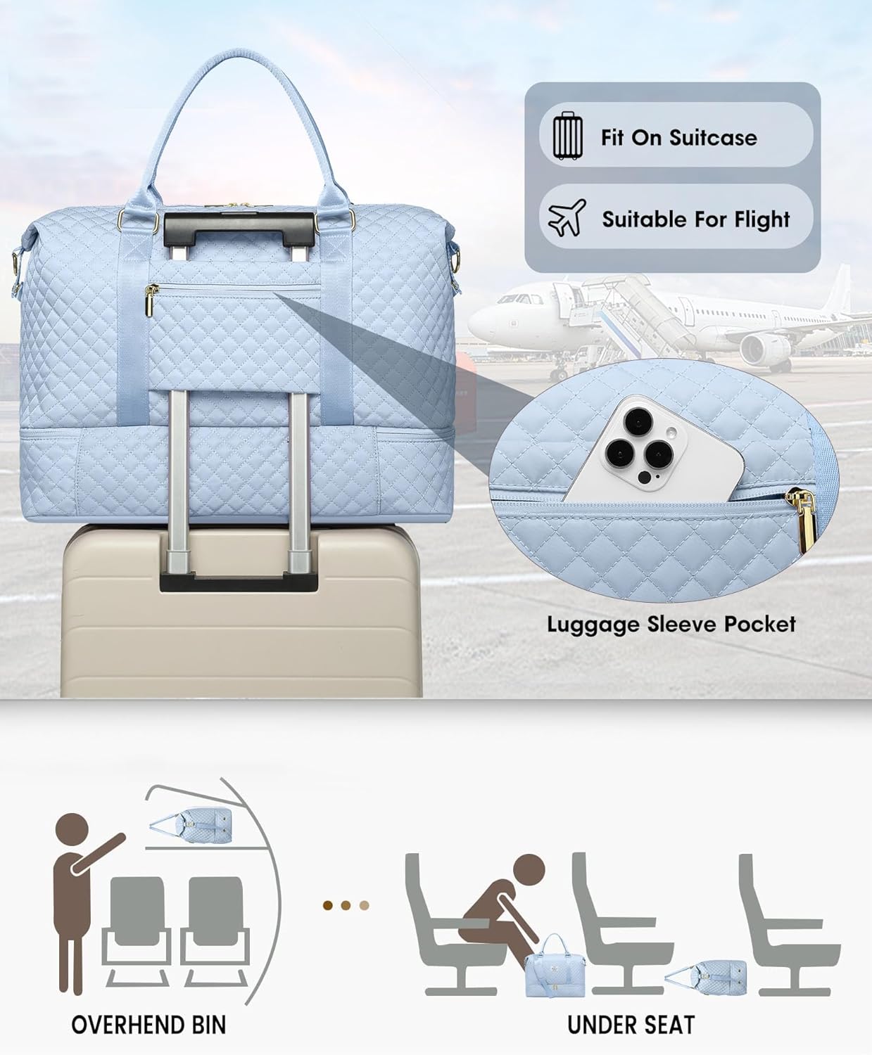 Travel Overnight Bag Weekender Bags- Duffle Bags Women with Shoe Compartment Carry on Overnight Bag with Toiletry Gym Duffel with Wet Pocket Hospital Bags Light Blue