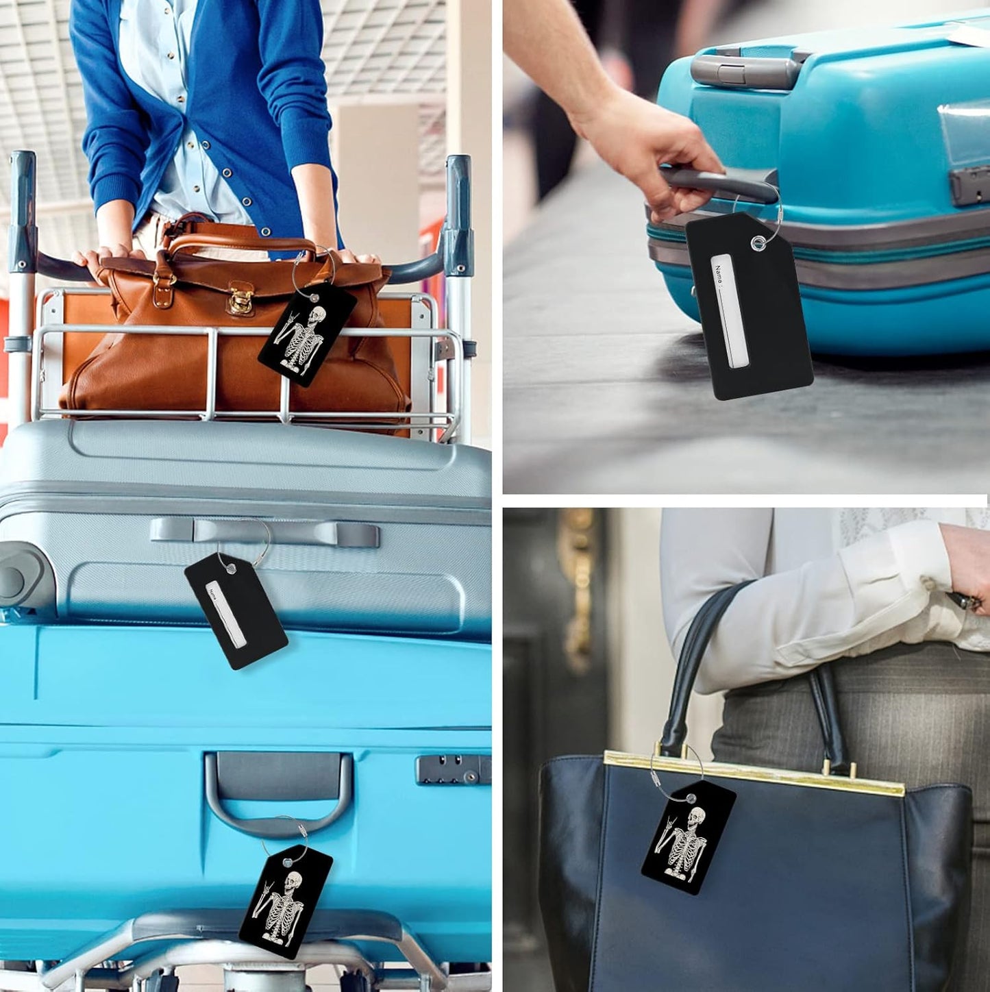 2 Luggage Tags, (1" Smaller Than Traditional) Perfect for Quick Luggage Identification with Stainless Steel Ring and Address Card for Travel and Luggage (Skull)