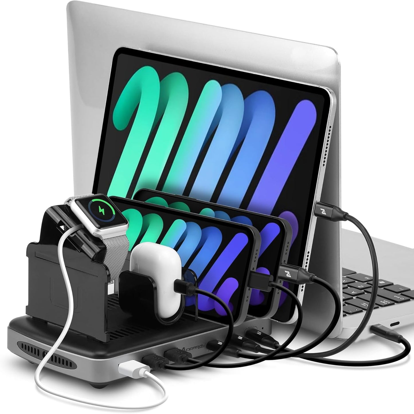 160W 6-Port USB-C and USB-A Charging Station Organizer with 140W PD 3.1 – Includes Cables – for MacBook, iPhone, iPad, AirPods, Smartphones, Tablets, and Gaming Devices