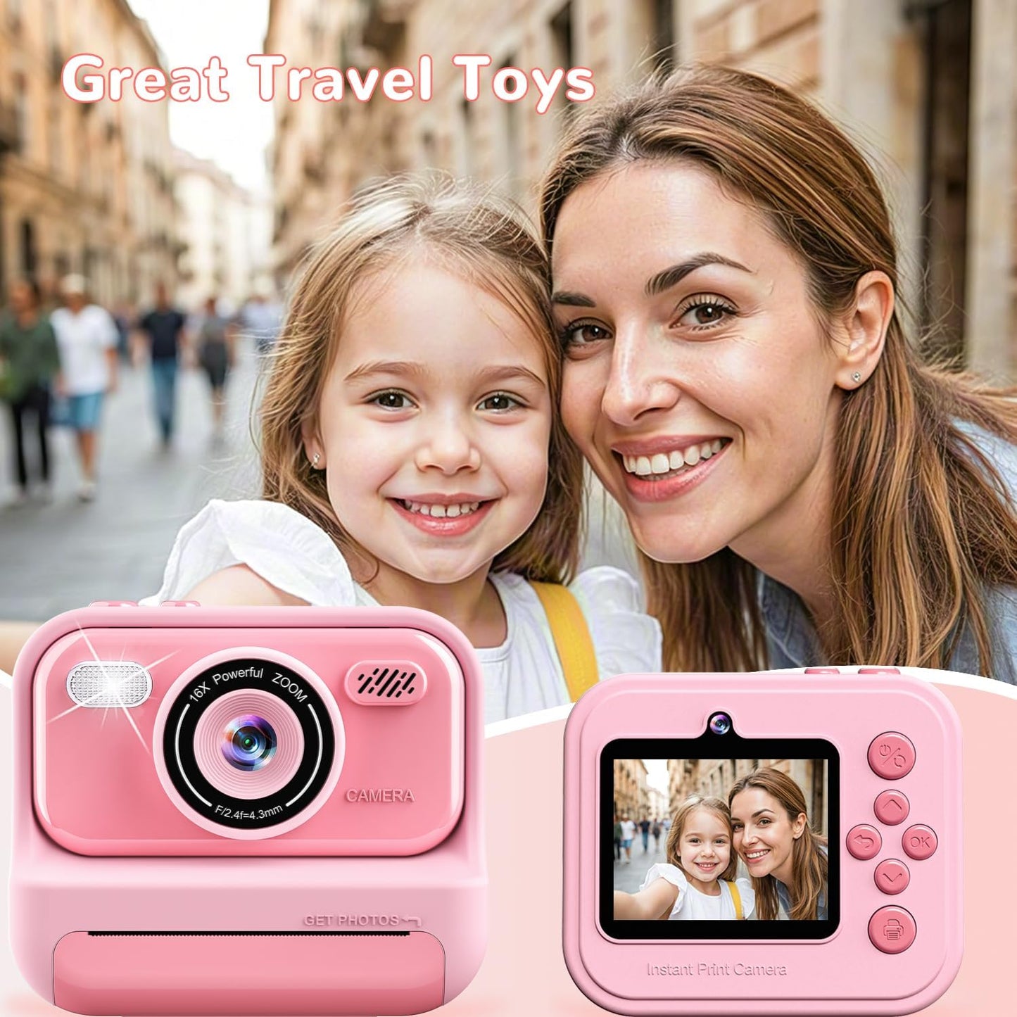 Instant Print Camera for Kids,2.4 Inch Screen Kids Digital Cameras, Christmas Birthday Gifts for Girls Age 3-12, Portable Toddler Travel Toy for 3 4 5 6 7 8 9 10 Year Old Girls Boys