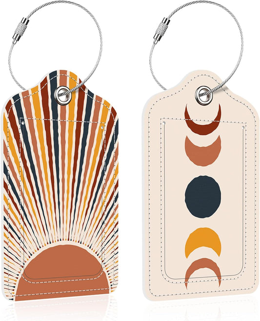 2 Pack Boho Art Luggage Tag for Suitcase,Boho Art PU Leather Suitcase Tags Identifiers with Privacy Name Address Labels and Steel Loop for Women Men Travel