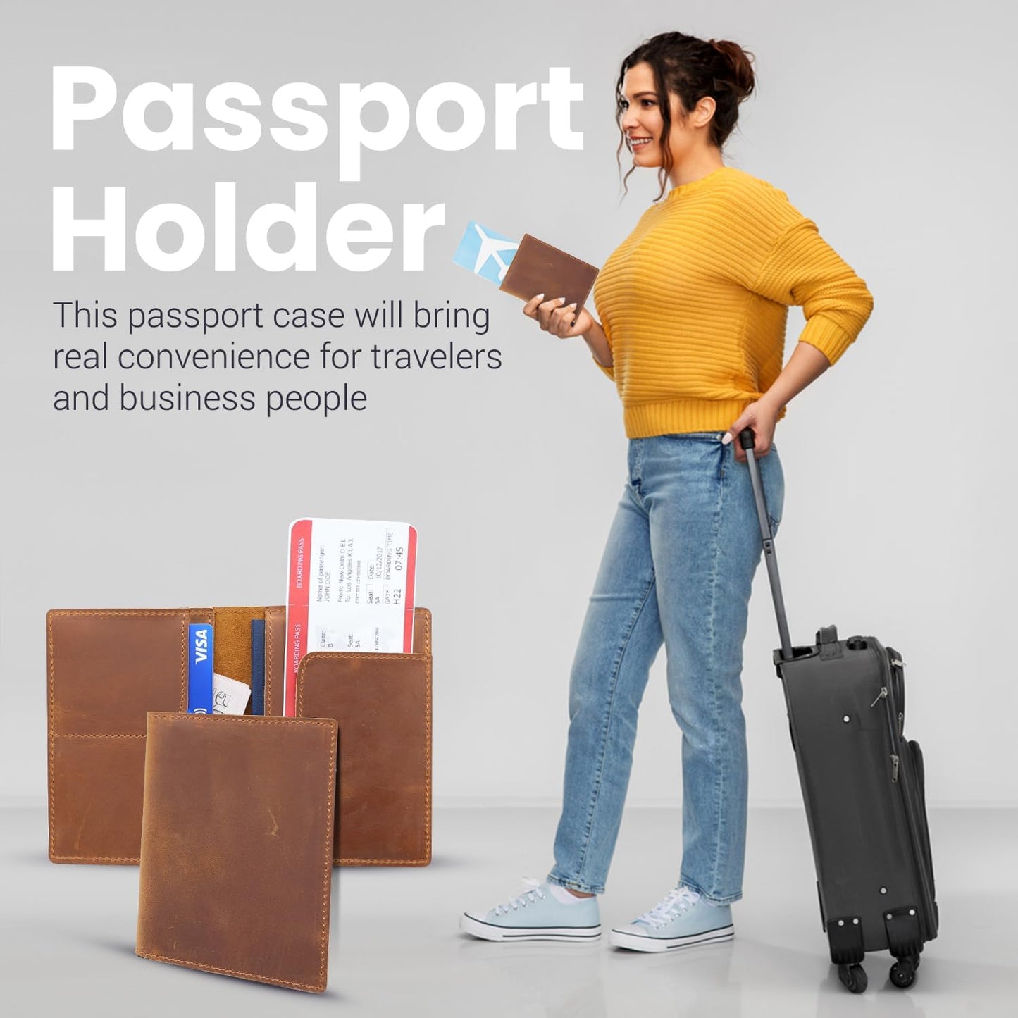 Leather Passport Holder with Travel Wallet, Genuine Leather Passport Cover- Passport Wallet, Leather Folding Wallet for Passports (Straight Cut, Brown)