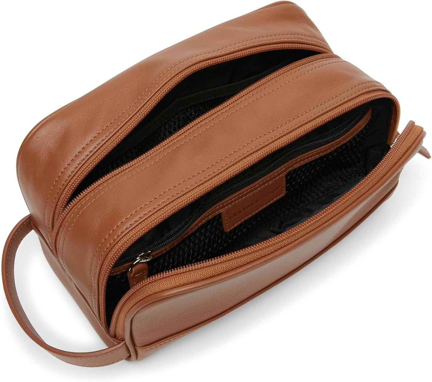 Leatherology Cognac Leather Toiletry Bag – Small Double Zip Dopp Kit – Full Grain Leather Travel Organizer with Water-Resistant Lining – Compact Grooming Bag for Men or Women