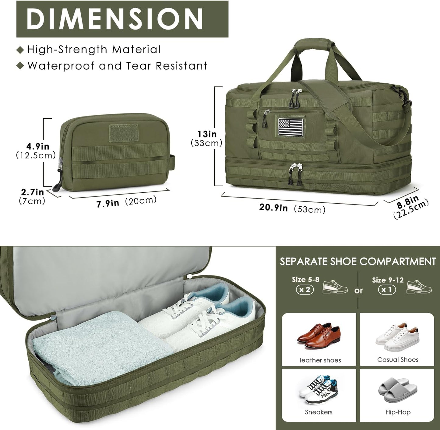 ETRONIK Travel Bag for Men Women, Gym Bag & Tactical Duffle Bags for Travel, Carry on with Toiletry Bag and Shoe Compartment, Weekender Overnight Trip with Wet Pocket for Workout Medical, Green