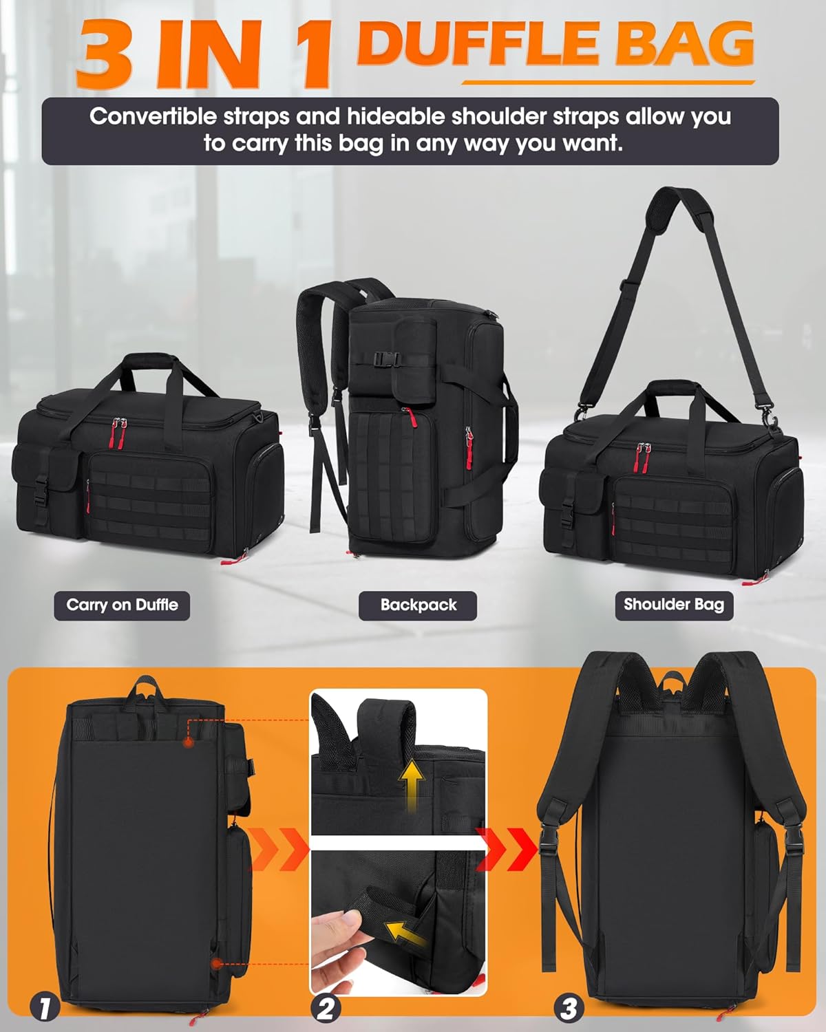 RAINSMORE Gym Bag for Men, 45L Sports Travel Duffel Bag with Shoe & Laptop Compartment, Gym Workout Backpack Carry On Weekender Bag Overnight Backpack for Travel, Black