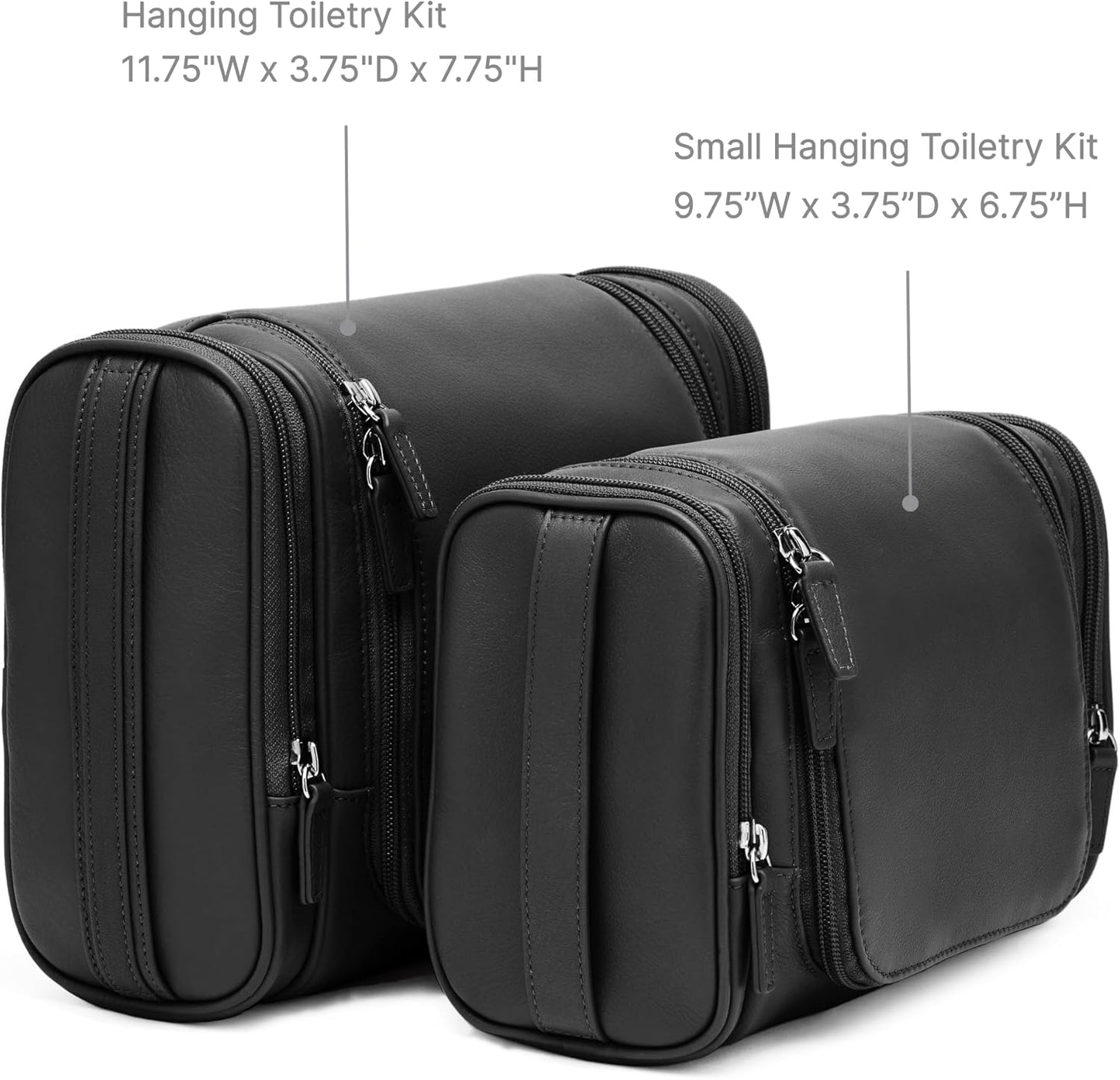 Leatherology Premium Ebony Small Hanging Toiletry Kit – Compact Leather Travel Organizer with Interior Zip Pockets, Mesh Pouches & Hanger | Full-Grain Leather Toiletry Bag for Men & Women
