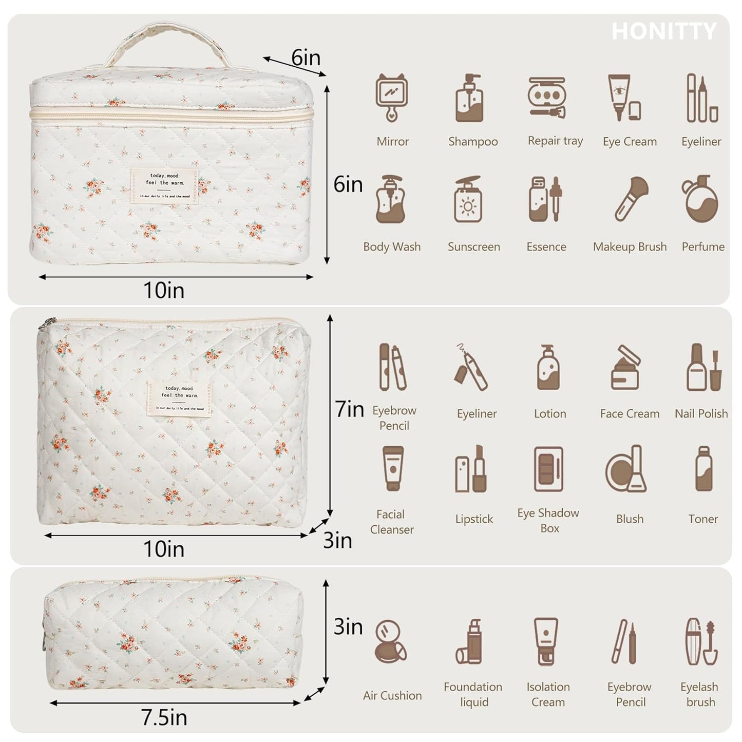 Makeup Bag,Quilted Cosmetic Bags,Large Floral Make Up Organize bag,Makeup Bag Set for Women,Flower Travel Toiletry Bag