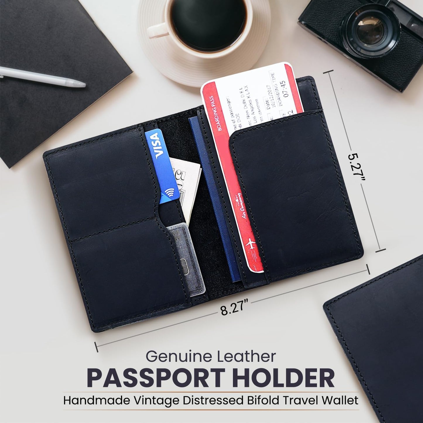 Leather Passport Holder with Travel Wallet, Genuine Leather Passport Cover- Passport Wallet, Leather Folding Wallet for Passports (Straight Cut, Black)