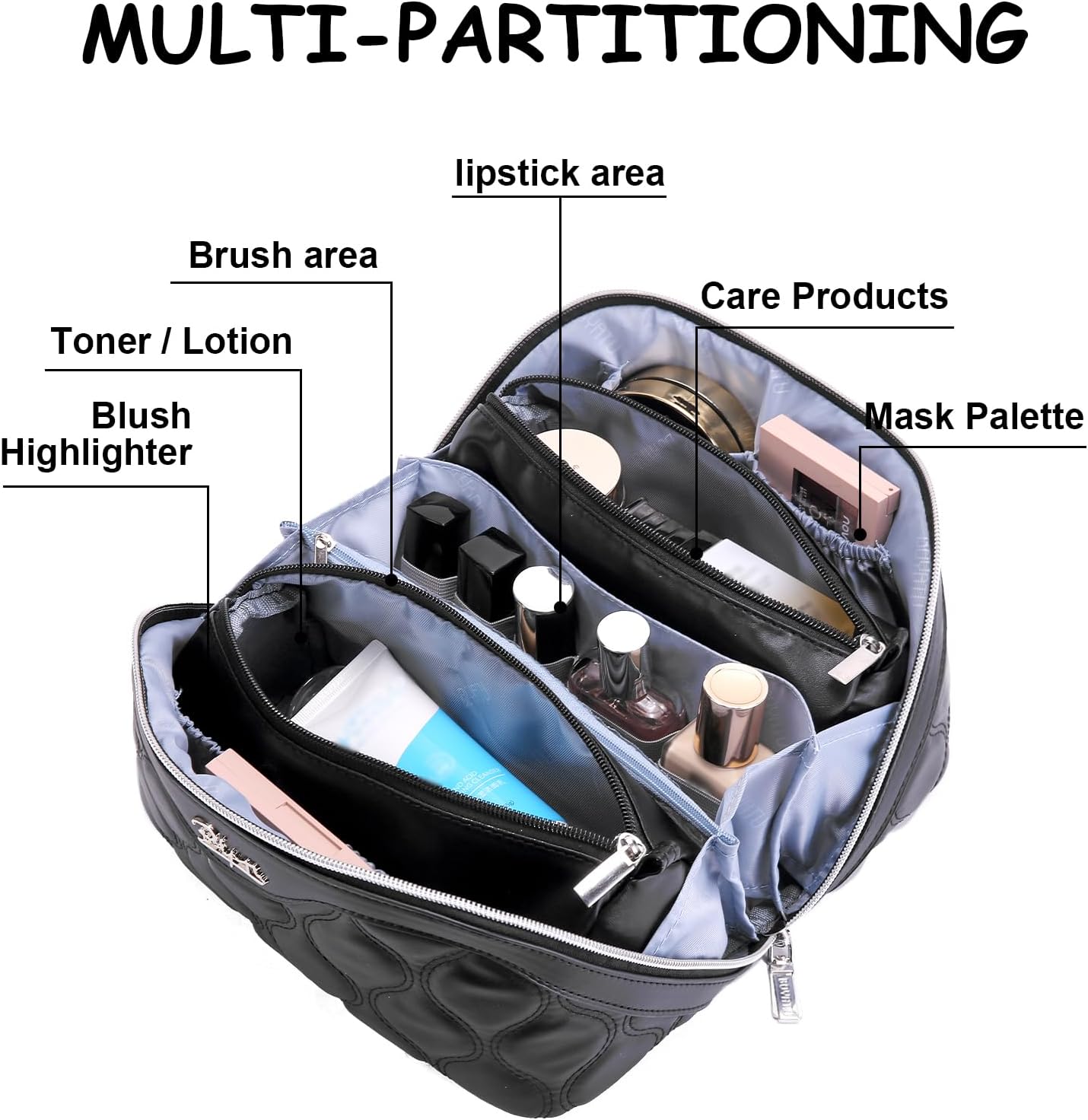 BOYATU Travel Makeup Bags for Women Cosmetic Bag: Puffy Make up Bags Set of 3 - Vegan Leather Makeup Organizer - Waterproof Large Toiletry Bag with Compartments - Travel Essentials (H-1-Black)