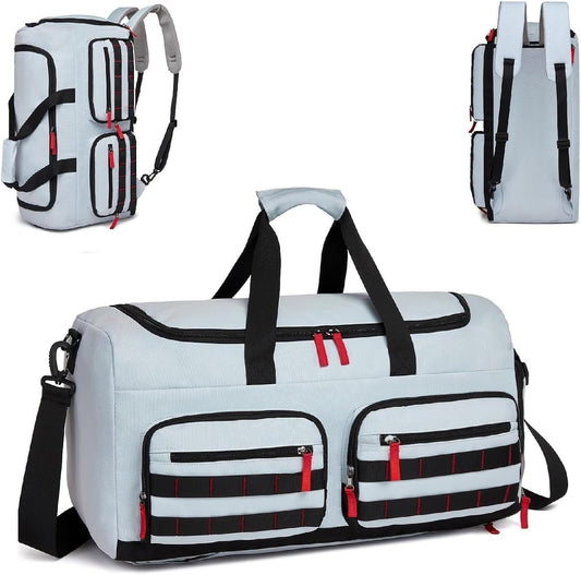 Gym Bag for Men Women, 3-in-1 Weekender Overnight Backpack Carry On, Sports Travel Duffel Bag with Webbing System, Water Resistant, Grey