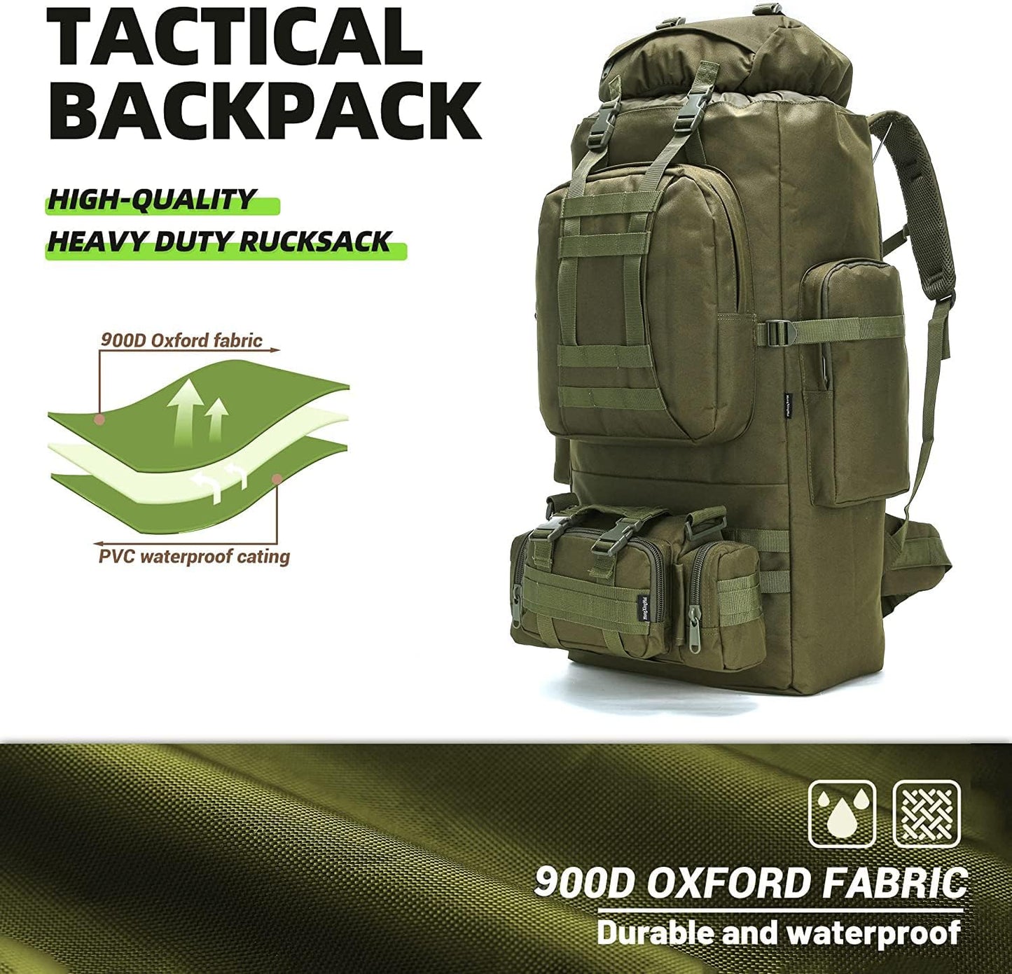 100L Camping Hiking Backpack,Molle military Tactical rucksack backpack,Waterproof Lightweight Hiking Backpack (Army Green)