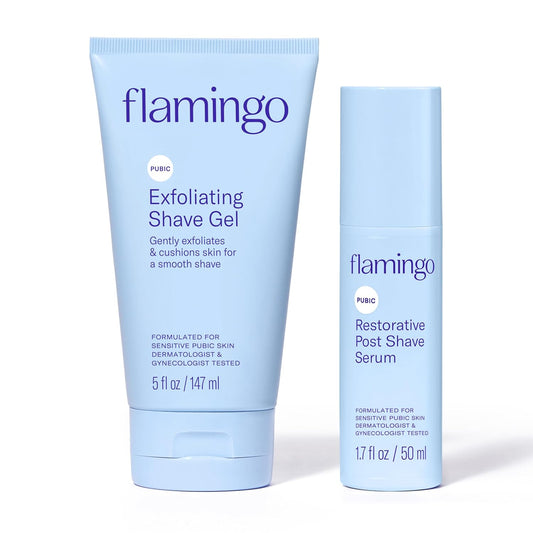 Flamingo Pubic Hair Shaving Skin Care Set, Exfoliating Shaving Gel for Women 5 fl oz with Restorative Post Shave Serum 1.7 fl oz