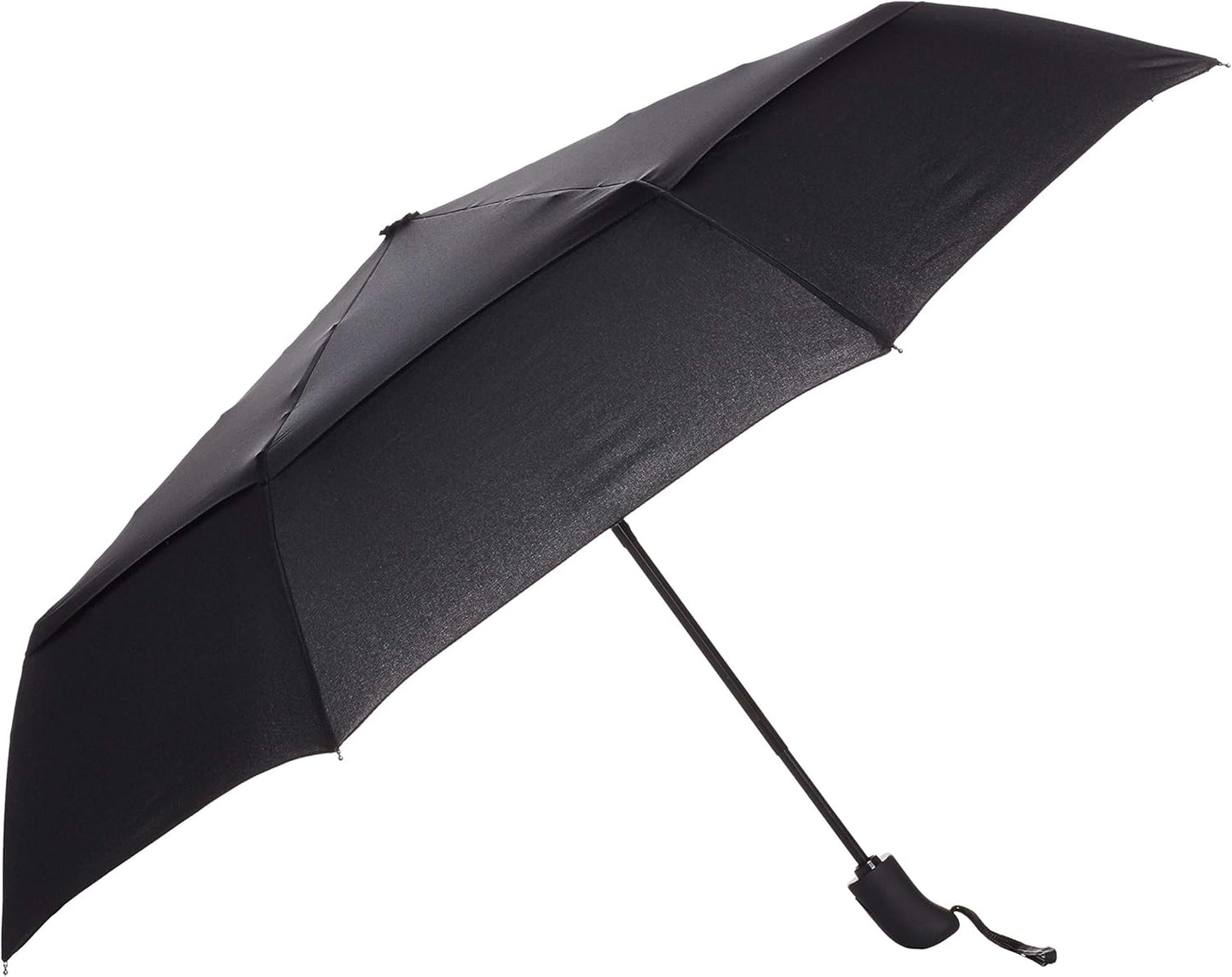 Amazon Basics Round Travel Umbrella for Rain, Wind-proof Compact Umbrella with Wind Vent, Auto Open/Close, Strong Alloy Steel Frame, Compact Size for Backpacks/Handbags (11" Long When Closed), One Size, Black