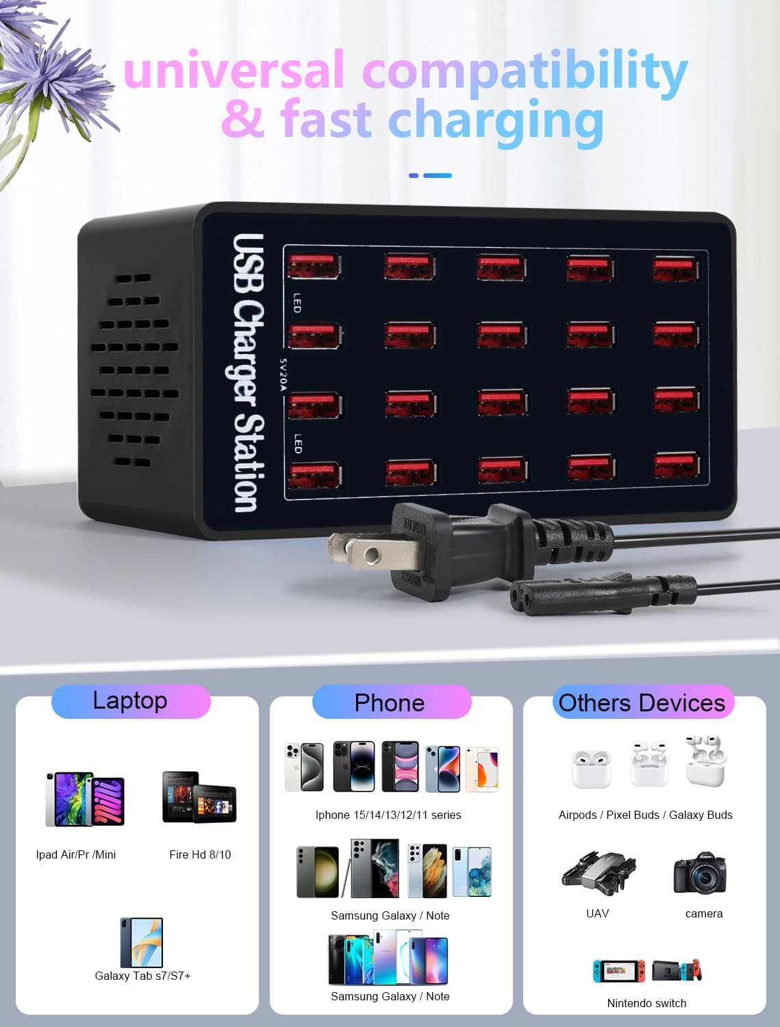 100W 20Port USB Charging Station, Multi USB Charger for Multiple Devices, Black