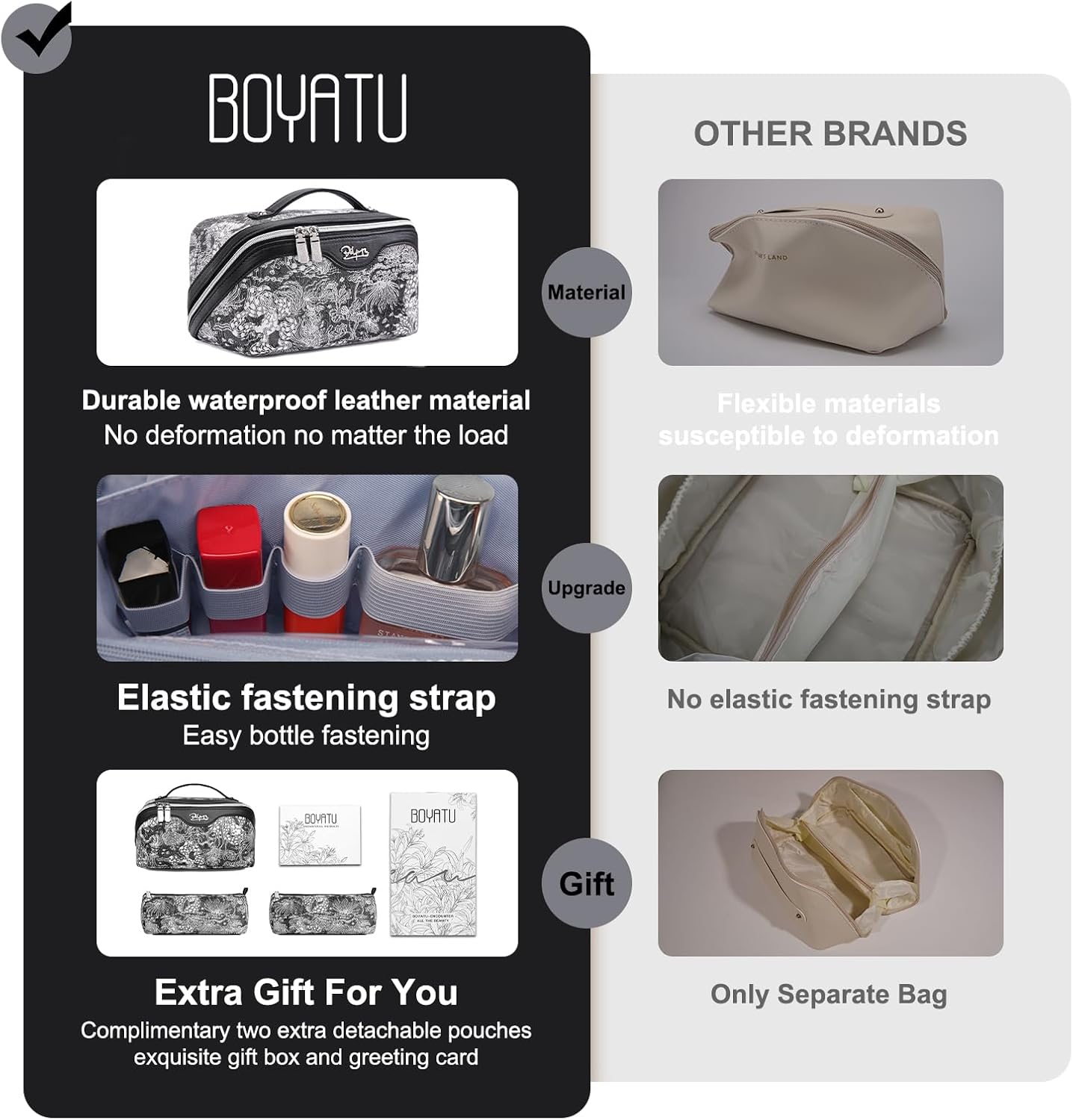 BOYATU Travel Makeup Bag for Women: Large Capacity Make up Bag with Compartments - Vegan Leather Cosmetic Bag set of 3 - Waterproof Toiletry Bag with Handle & Divider(E-2-Black)