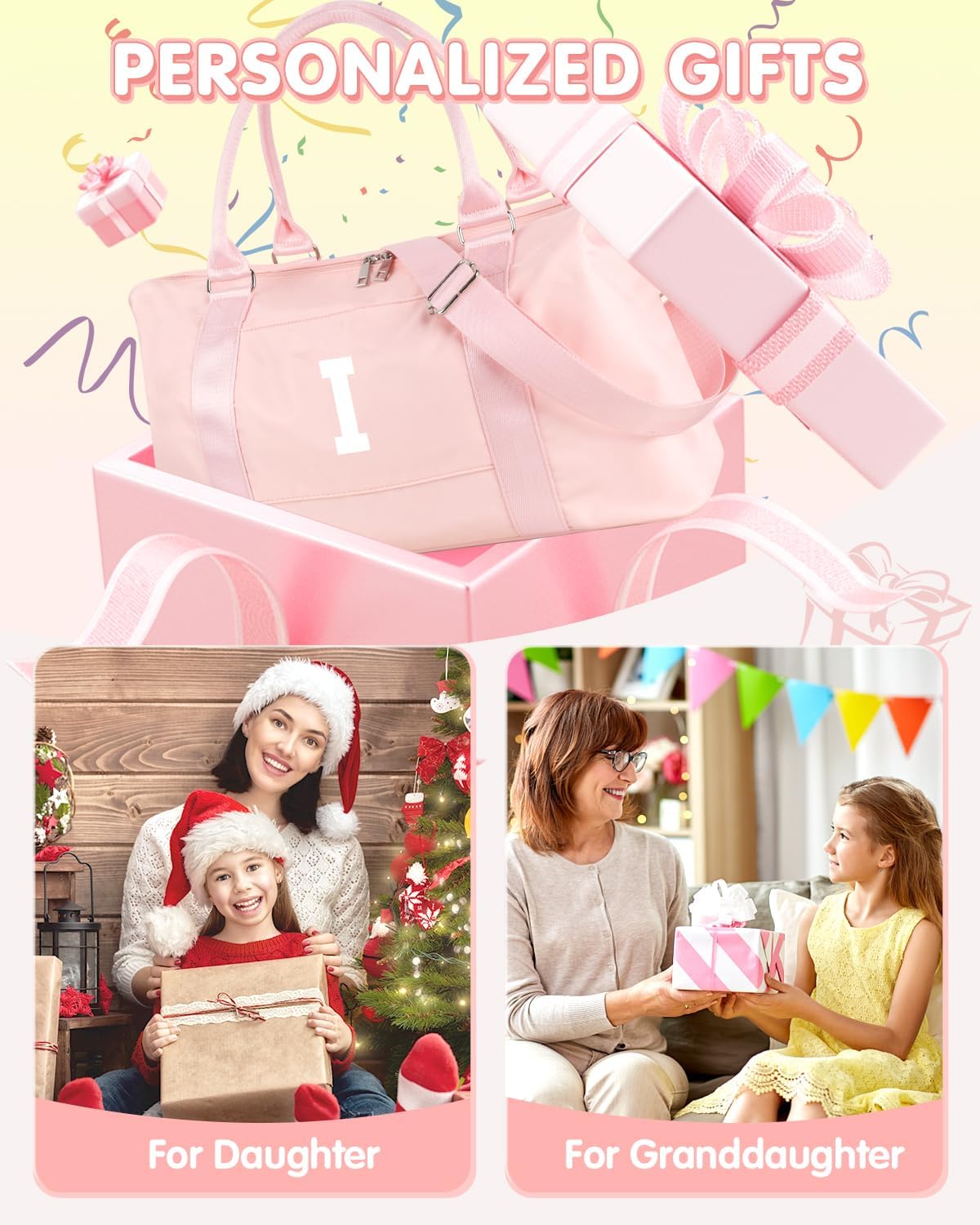 Initial Travel Duffel Bag Sports Gym Bag for Girls Teen Birthday Gifts,Pink Personalized Weekender Bag Carry On Tote Bags for Women Men,Waterproof Overnight Luggage Bag with Trolley Sleeve(Letter I)