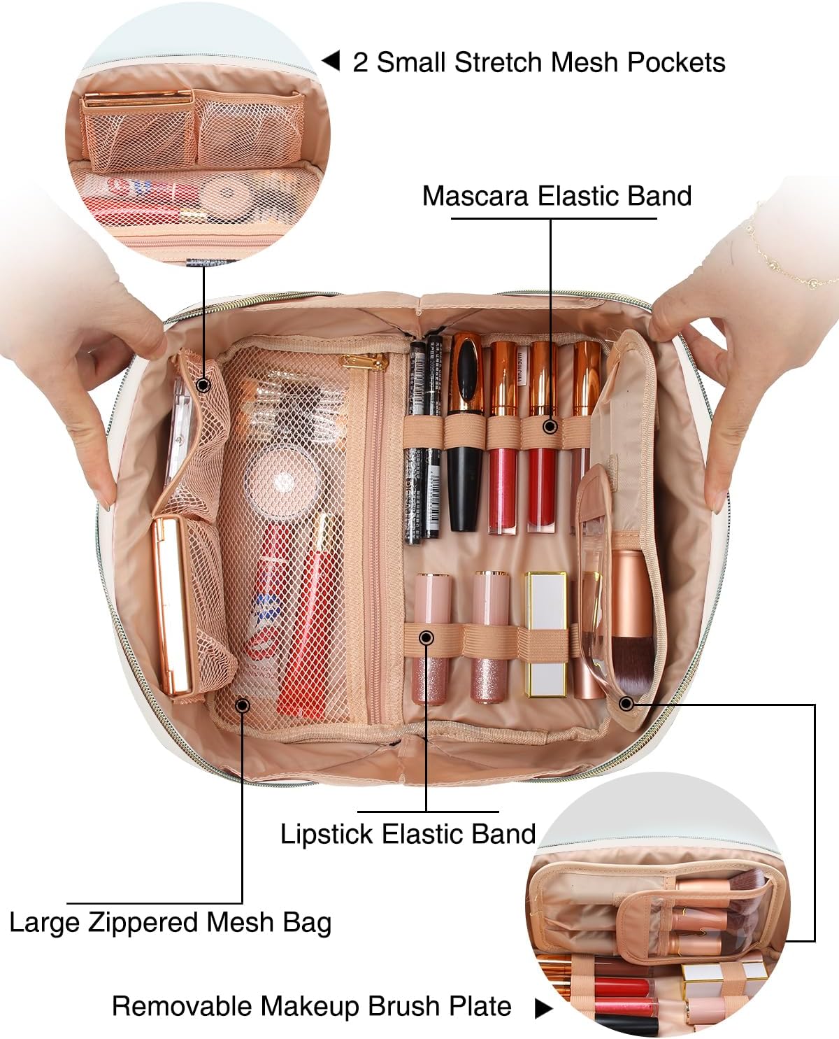 Relavel Travel Makeup Bag for Women, Large Capacity Cosmetic Bags with Separate Brushes Compartments, Waterproof Toiletry Organizer Bags with Handle for Travel Essentials - White