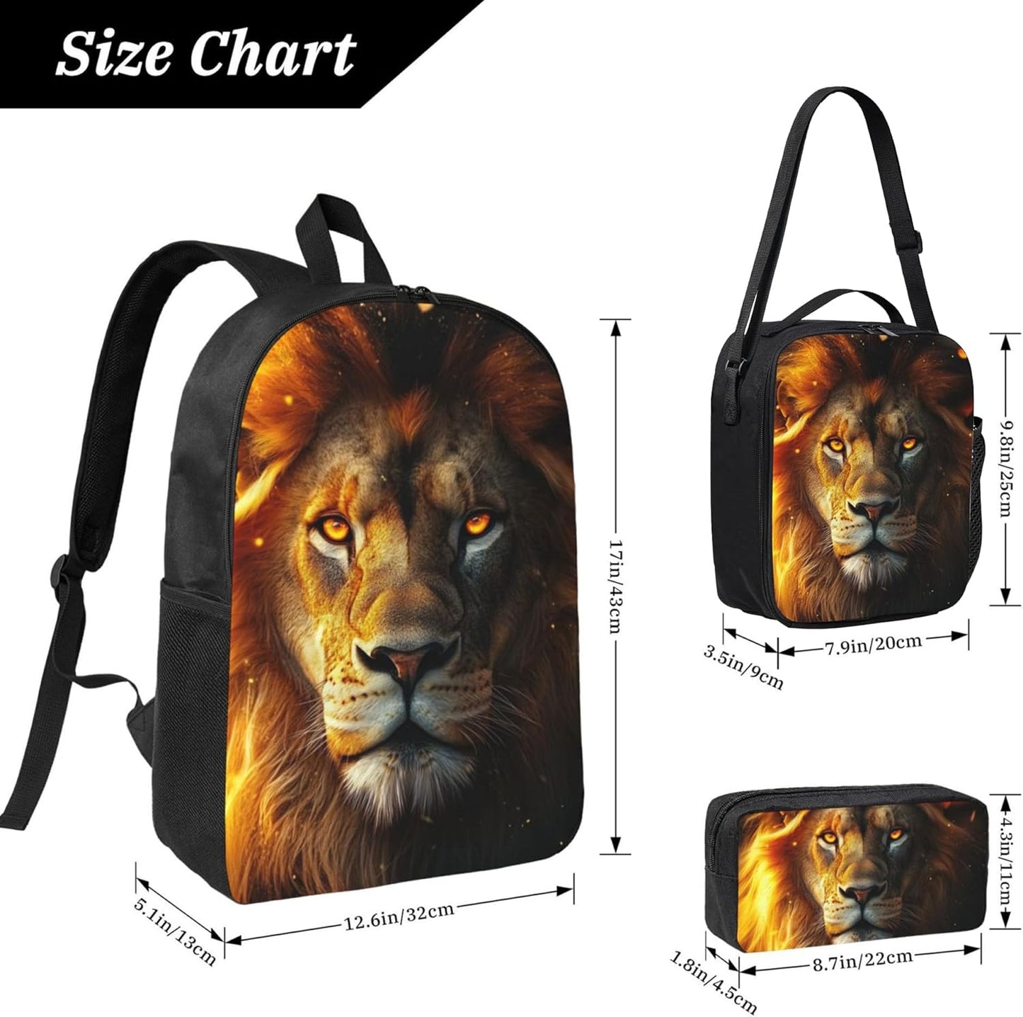 Lion Kid Backpack Set with Lunch Bag & Pencil Case Large Capacity School Bag 17 Inch Bookbag for Boy Girl