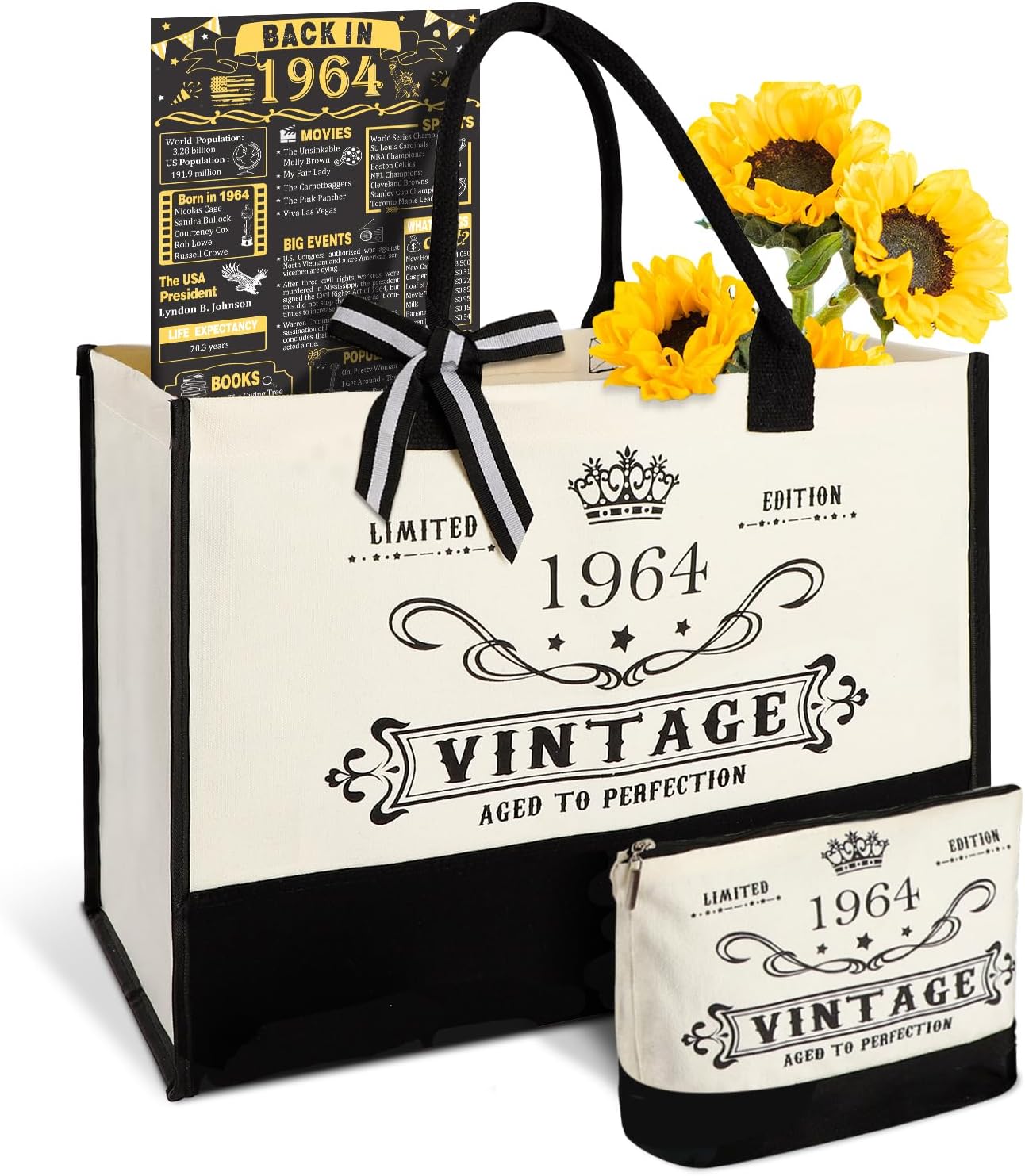 YeohJoy 61st Birthday Gifts for Her Canvas Tote Bag Travel Gear, Unique 61 Years Old Birthday Gifts for Girlfriend Sister Friends Women, Vintage 1964 Handbag & Cosmetic Bag & Back in 1964 Poster