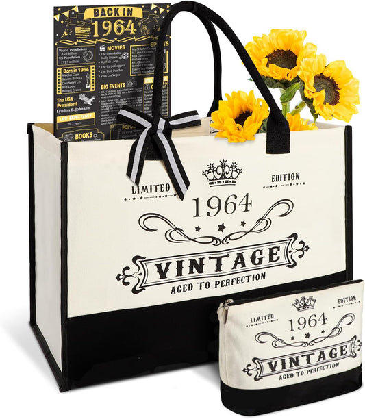 YeohJoy 61st Birthday Gifts for Her Canvas Tote Bag Travel Gear, Unique 61 Years Old Birthday Gifts for Girlfriend Sister Friends Women, Vintage 1964 Handbag & Cosmetic Bag & Back in 1964 Poster