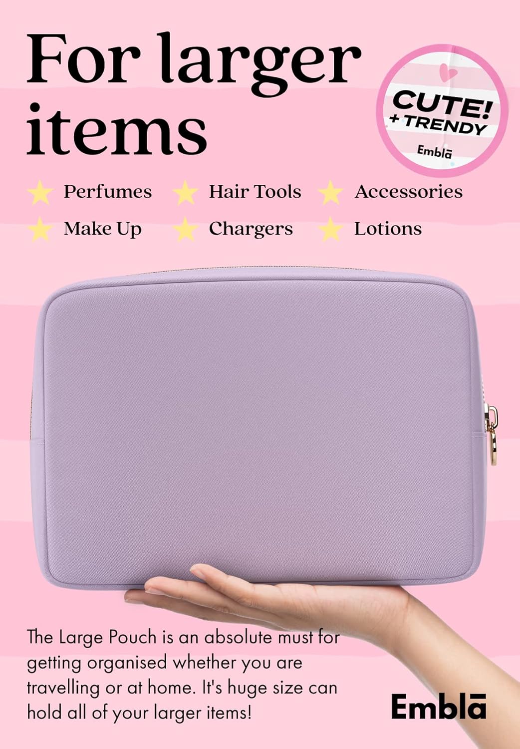 Embla Makeup Bag Travel Cosmetics Pouch and Toiletry Bag, Nylon Zipper Pouch Purse, Cute Make Up Organizer Storage Tote for Women Girls, Waterproof Travel Skincare Case, Large Makeup Bags, Lilac